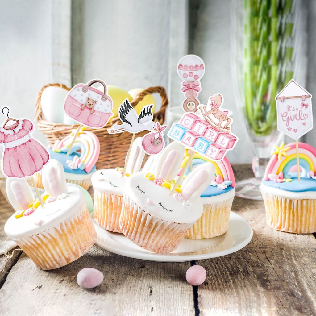 Gyufise 36Pcs Baby Shower Cupcake Toppers – Swan Pacifier Cloud Moon Star Pink