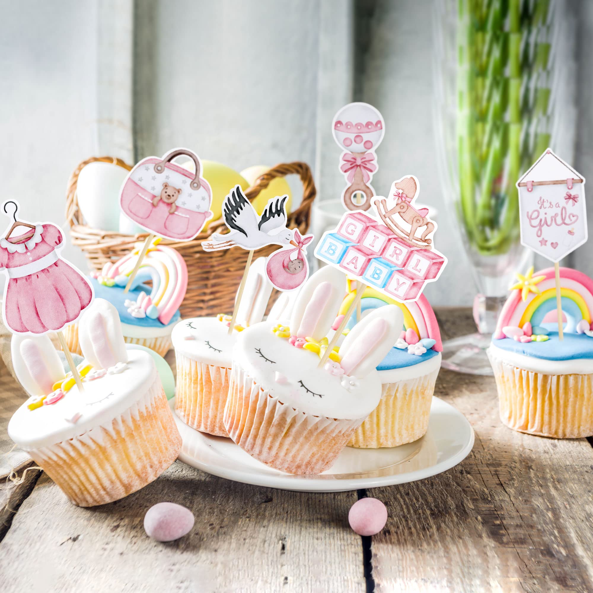 Gyufise 36Pcs Baby Shower Cupcake Toppers – Swan Pacifier Cloud Moon Star Pink