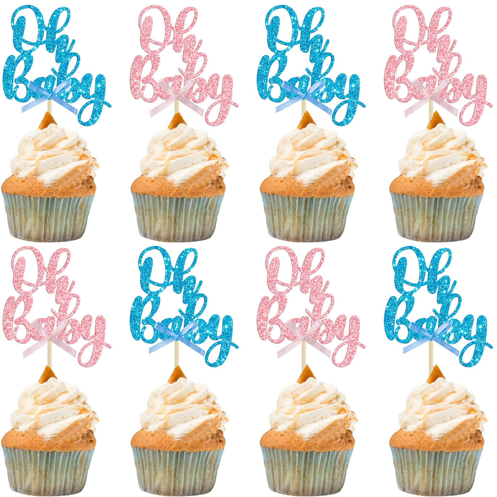 Gyufise 36Pcs Oh Baby Cupcake Toppers - Pink Blue Glitter Bow for Baby Shower & Gender Reveal