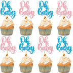 Gyufise 36Pcs Oh Baby Cupcake Toppers - Pink Blue Glitter Bow for Baby Shower & Gender Reveal