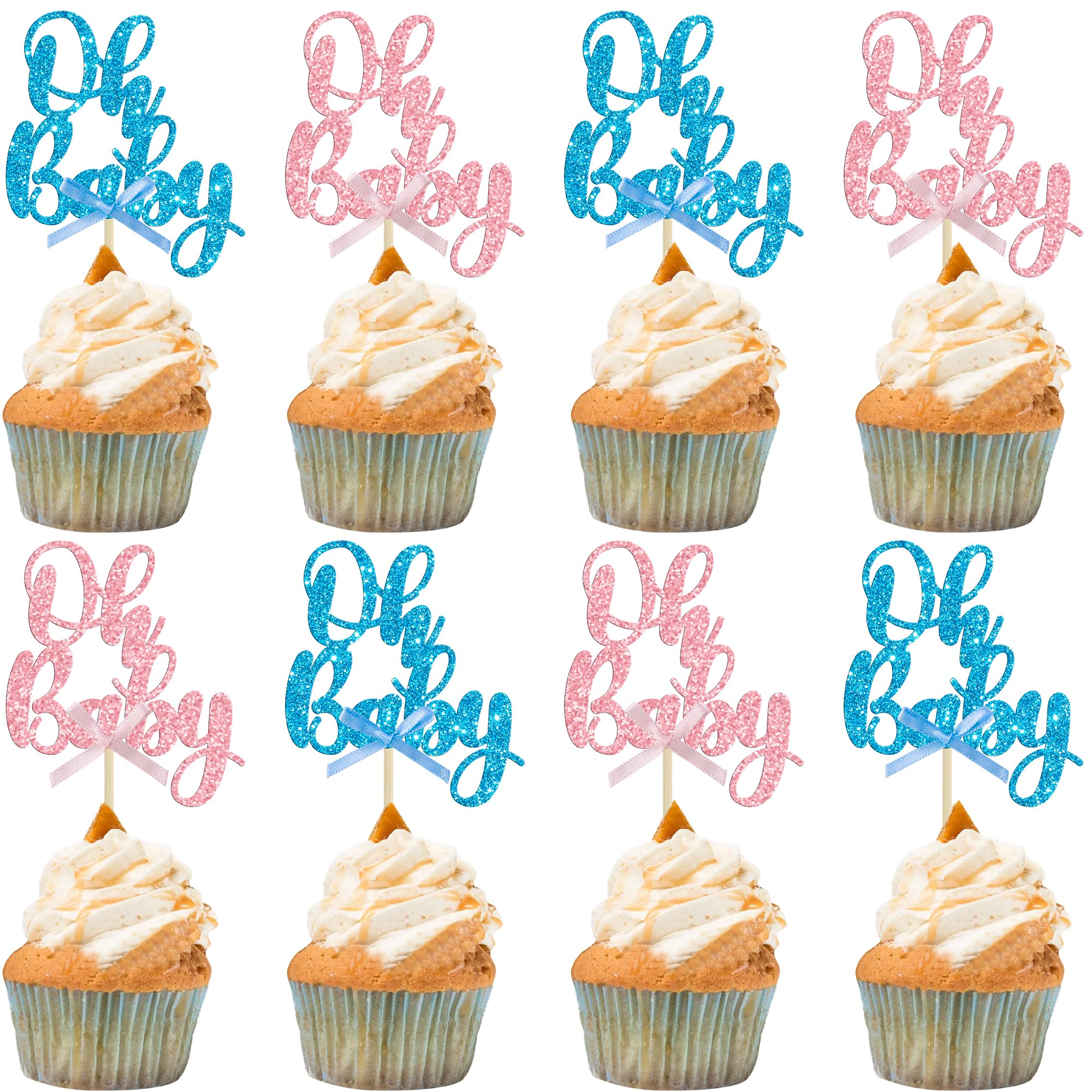 Gyufise 36Pcs Oh Baby Cupcake Toppers - Pink Blue Glitter Bow for Baby Shower & Gender Reveal