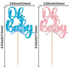 Gyufise 36Pcs Oh Baby Cupcake Toppers - Pink Blue Glitter Bow for Baby Shower & Gender Reveal