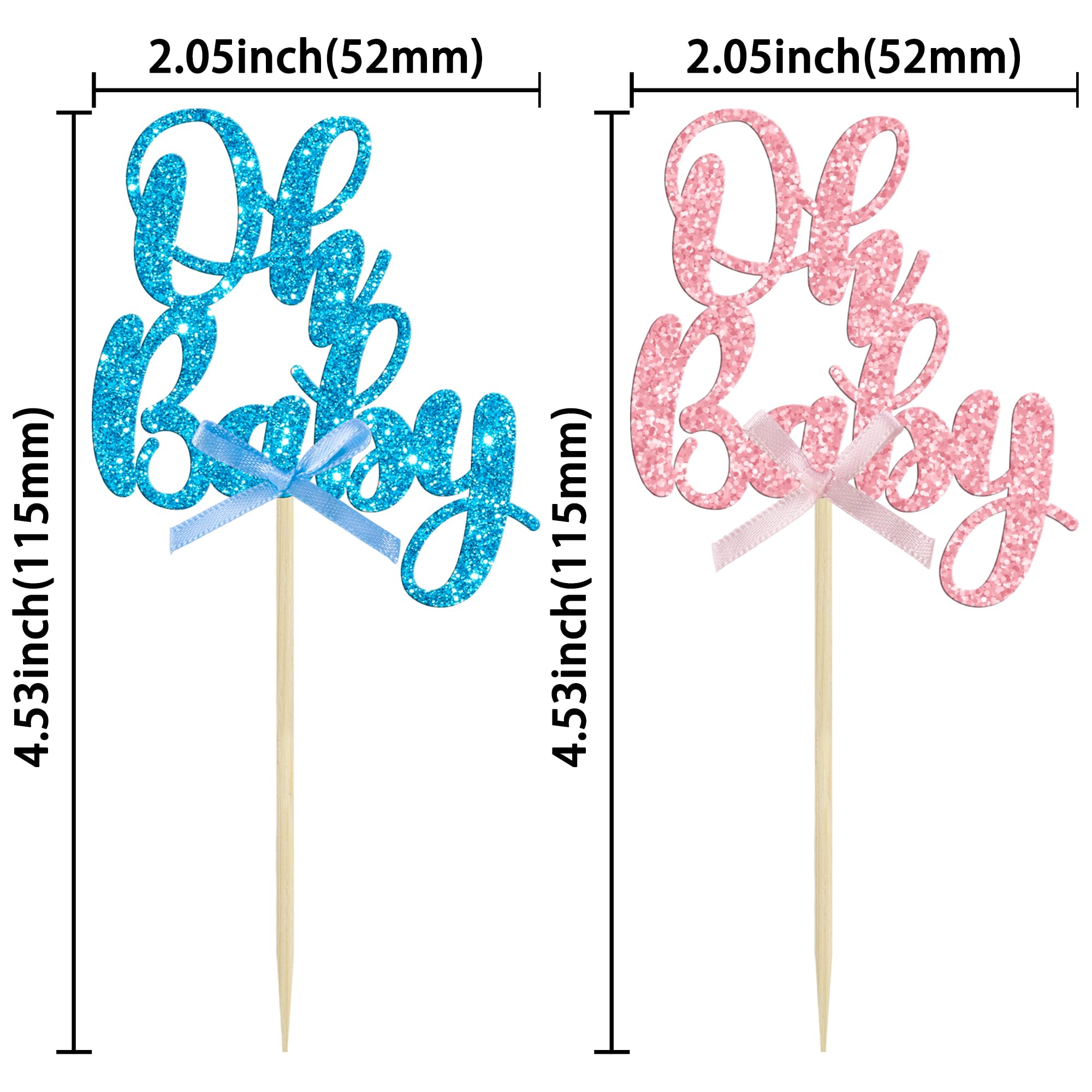 Gyufise 36Pcs Oh Baby Cupcake Toppers - Pink Blue Glitter Bow for Baby Shower & Gender Reveal