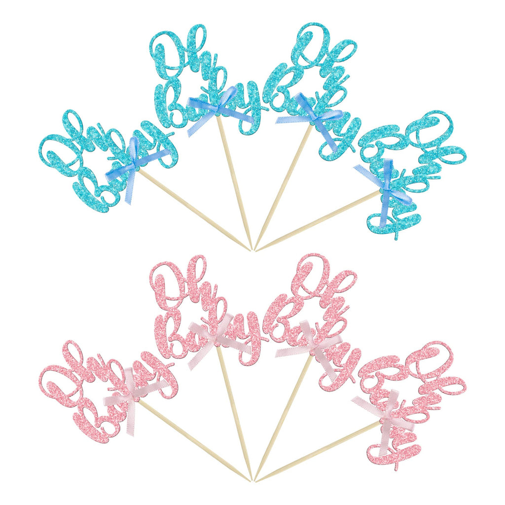 Gyufise 36Pcs Oh Baby Cupcake Toppers - Pink Blue Glitter Bow for Baby Shower & Gender Reveal