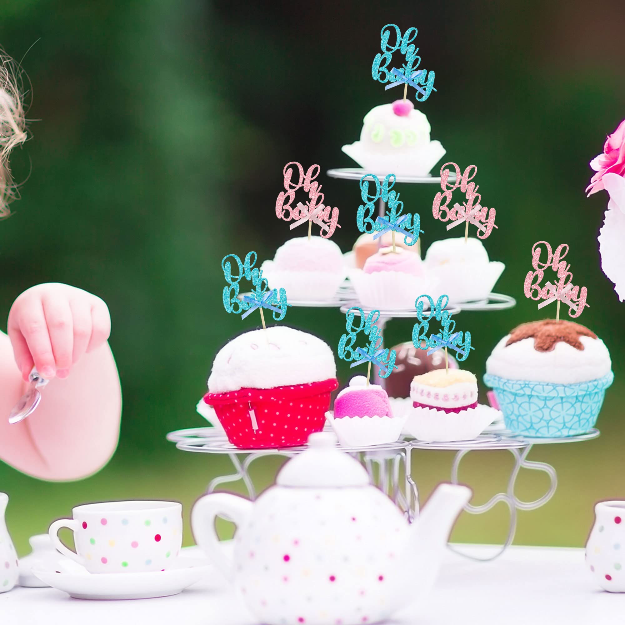 Gyufise 36Pcs Oh Baby Cupcake Toppers - Pink Blue Glitter Bow for Baby Shower & Gender Reveal