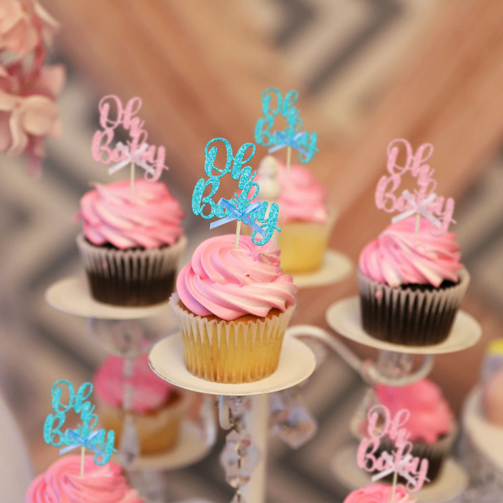 Gyufise 36Pcs Oh Baby Cupcake Toppers - Pink Blue Glitter Bow for Baby Shower & Gender Reveal