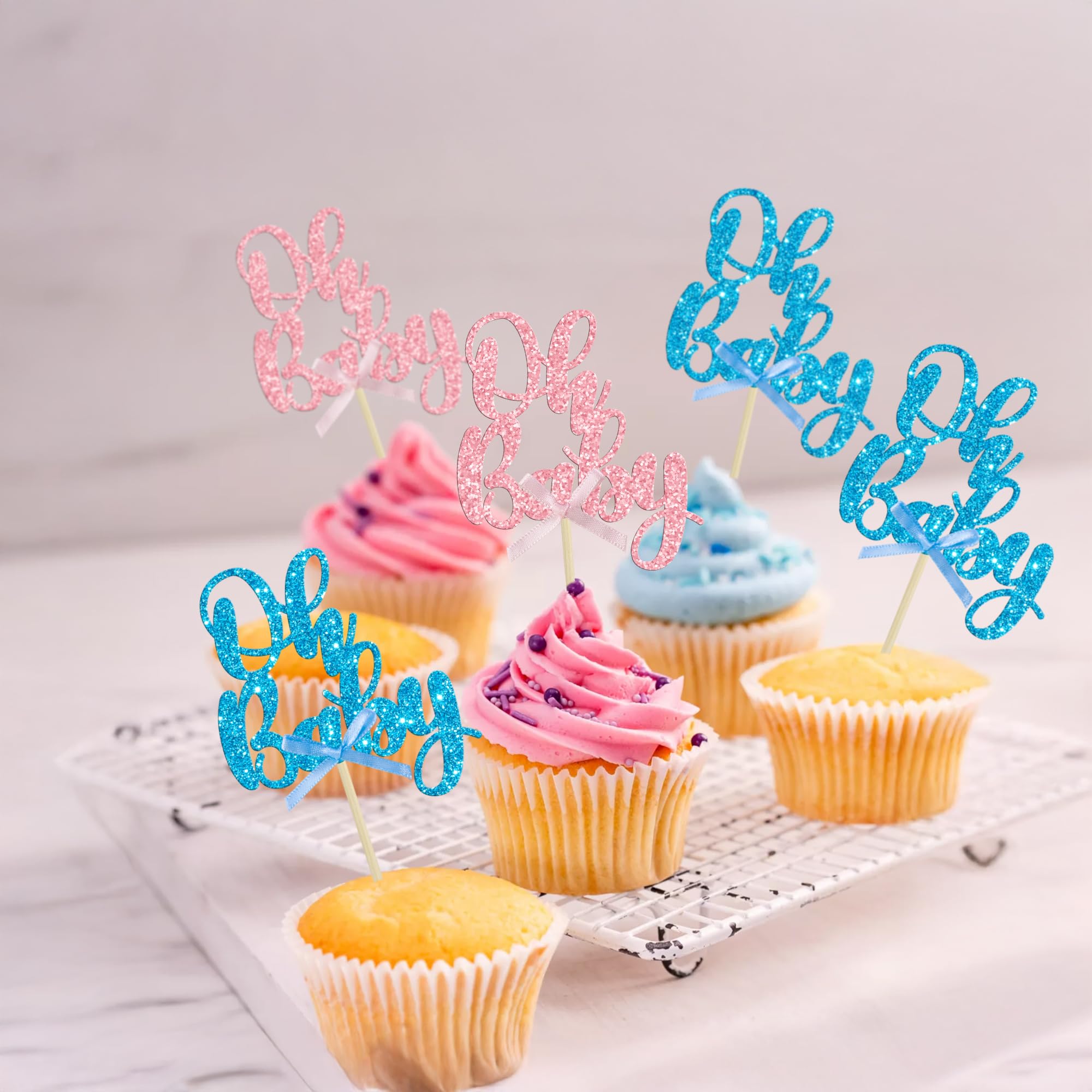 Gyufise 36Pcs Oh Baby Cupcake Toppers - Pink Blue Glitter Bow for Baby Shower & Gender Reveal
