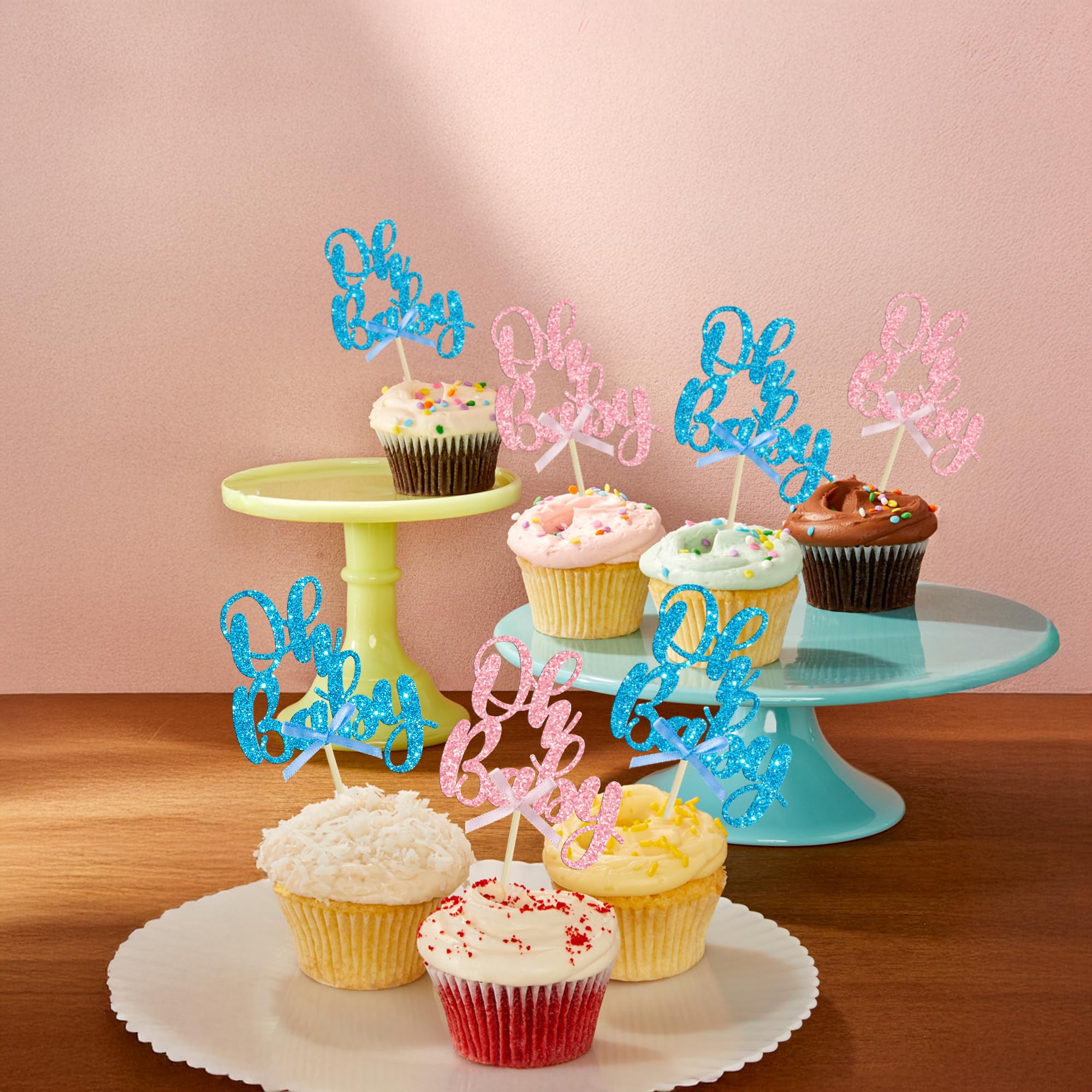 Gyufise 36Pcs Oh Baby Cupcake Toppers - Pink Blue Glitter Bow for Baby Shower & Gender Reveal