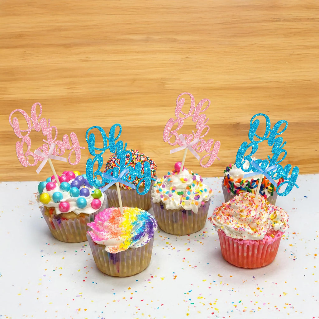 Gyufise 36Pcs Oh Baby Cupcake Toppers - Pink Blue Glitter Bow for Baby Shower & Gender Reveal