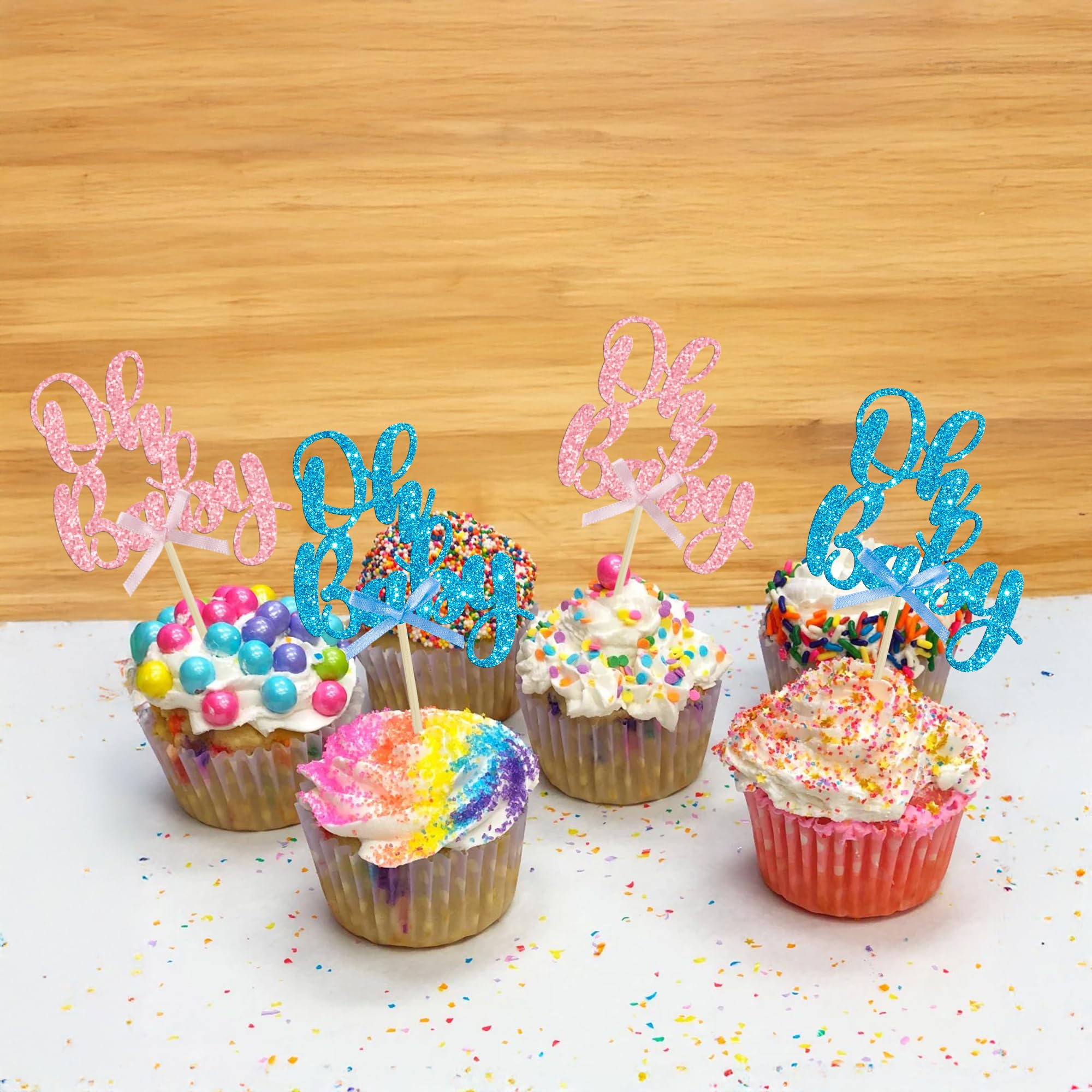 Gyufise 36Pcs Oh Baby Cupcake Toppers - Pink Blue Glitter Bow for Baby Shower & Gender Reveal