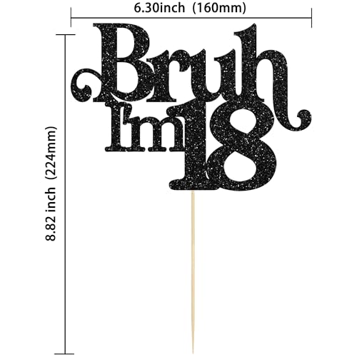 Gyufise 1 Pack Bruh I'm 18 Cake Topper - Black Glitter | 18th Birthday Party Decor