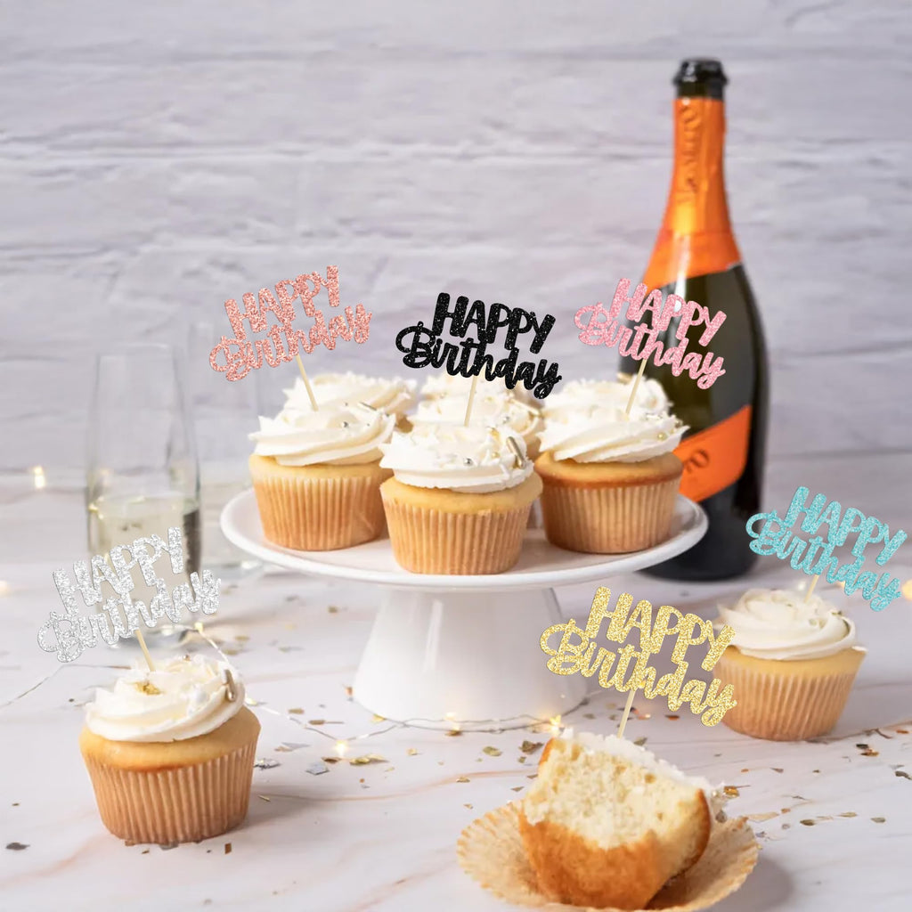 Gyufise 24Pcs Glitter Birthday Cupcake Toppers – 6 Colors, Ready-to-Insert Party Decor