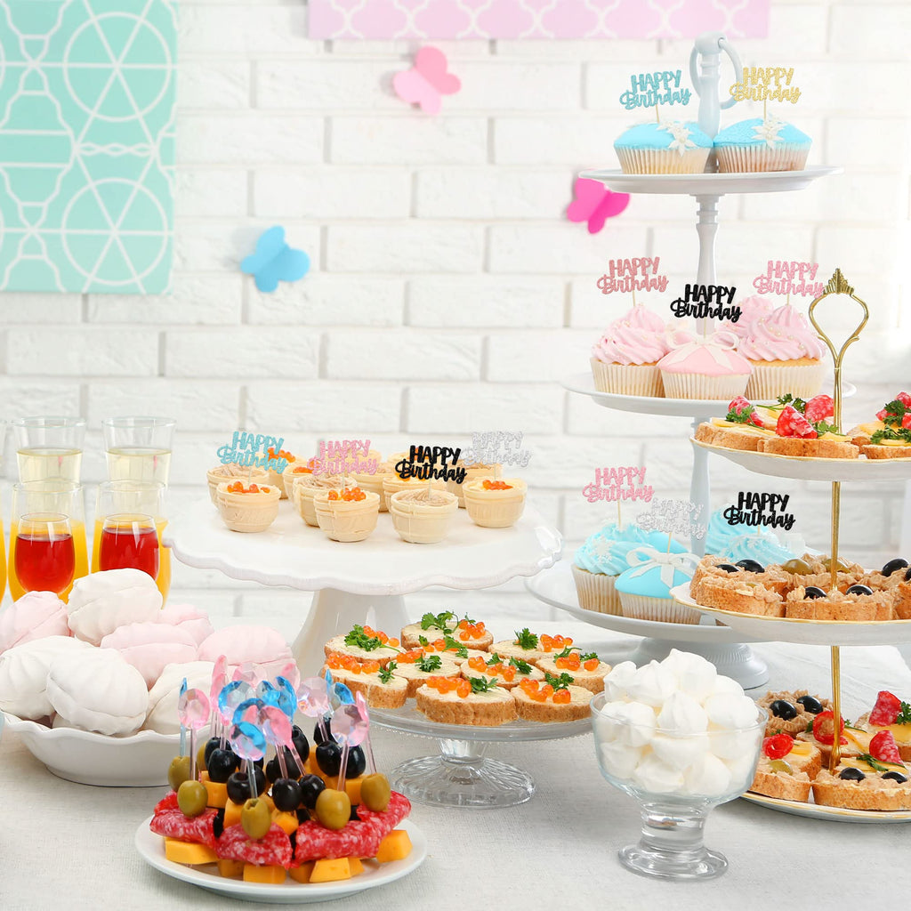Gyufise 24Pcs Glitter Birthday Cupcake Toppers – 6 Colors, Ready-to-Insert Party Decor