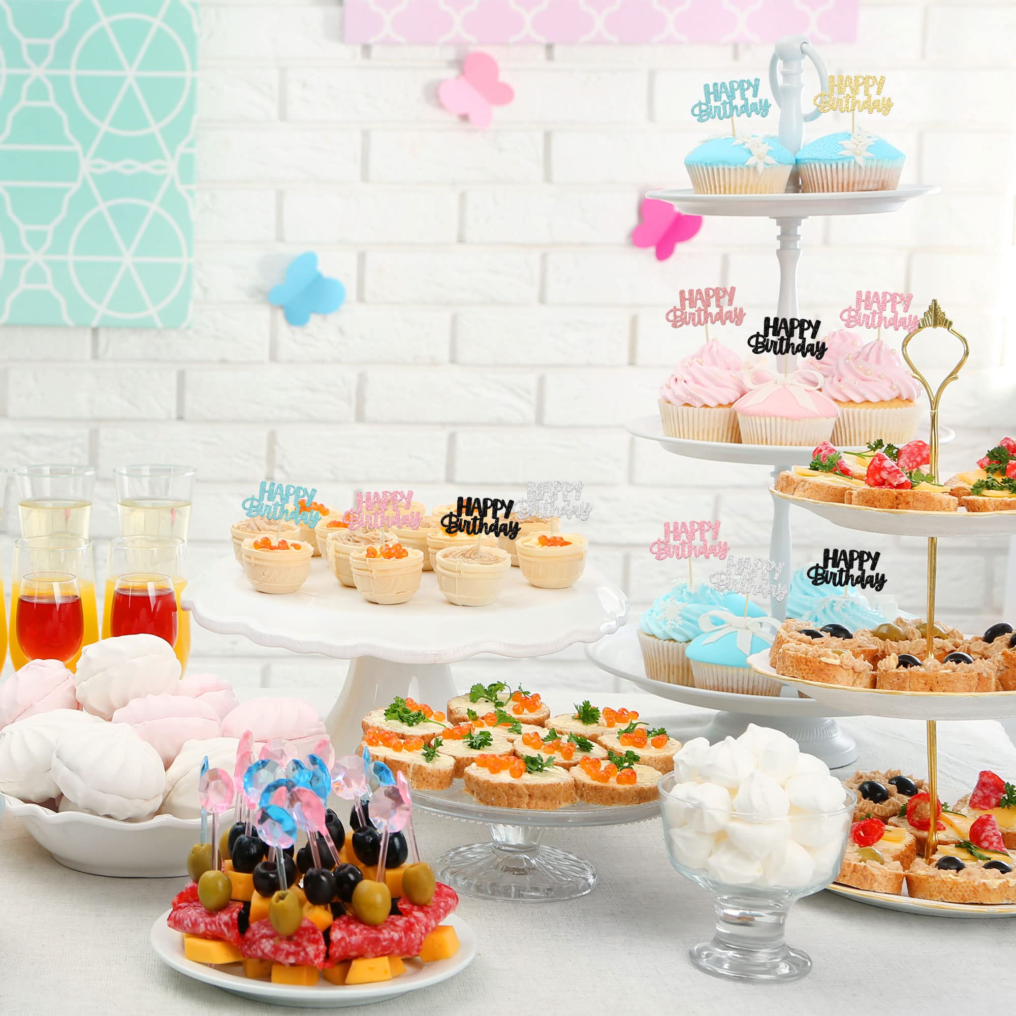 Gyufise 24Pcs Glitter Birthday Cupcake Toppers – 6 Colors, Ready-to-Insert Party Decor
