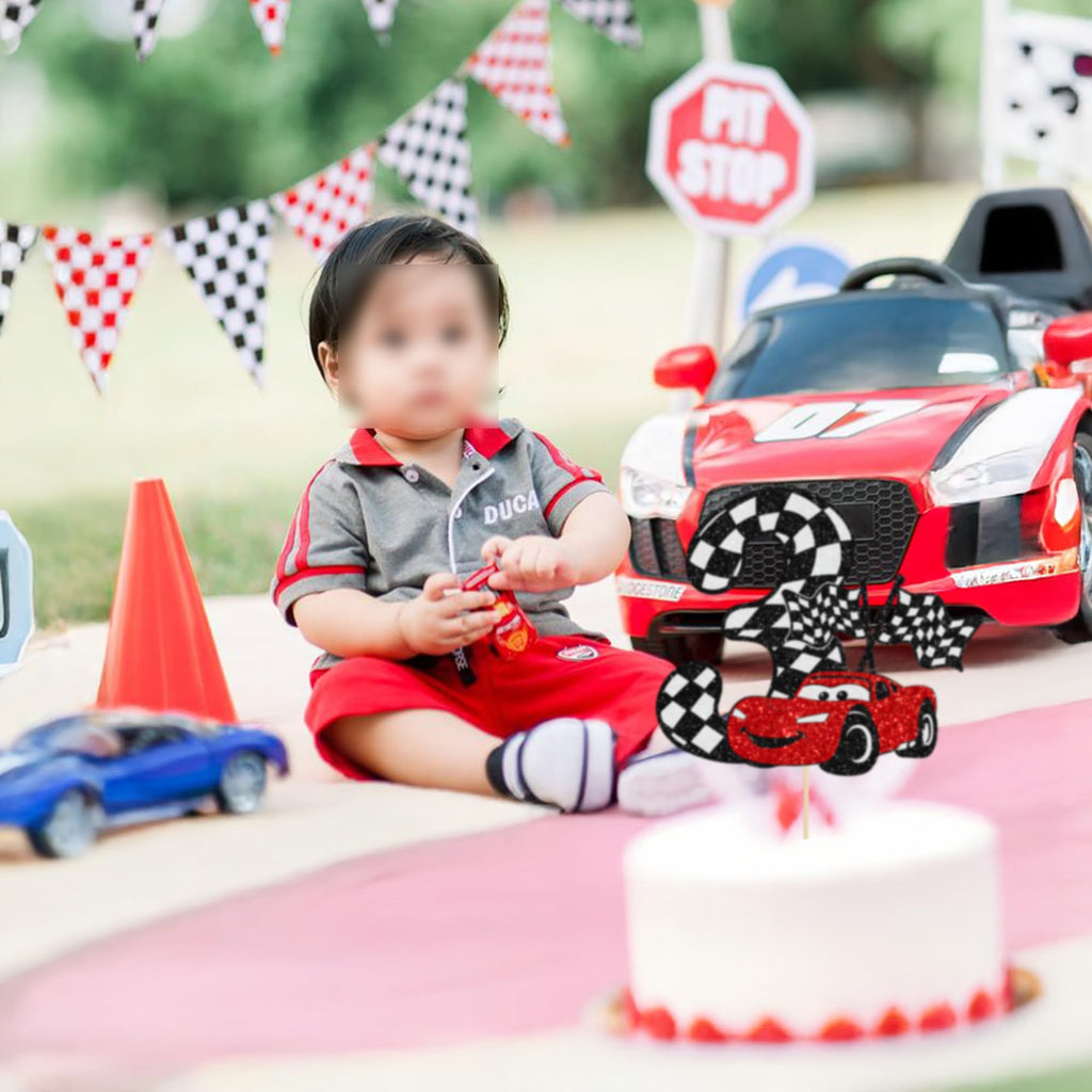 Gyufise Race Car Cake Topper Glitter – 3rd Birthday, Checkered Flag Theme