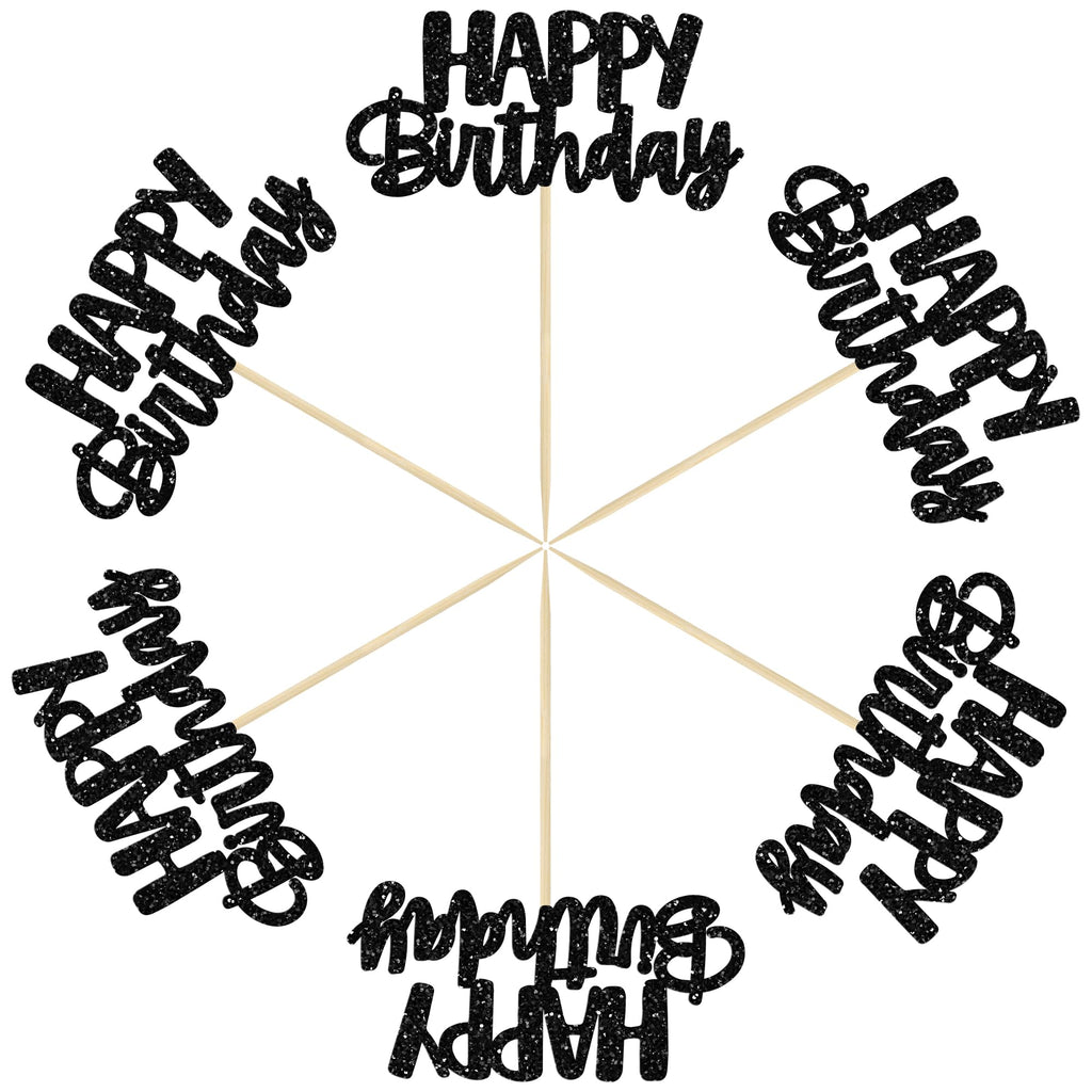 Gyufise Black Glitter Happy Birthday Cupcake Toppers – 24-Pack Cake Decorations