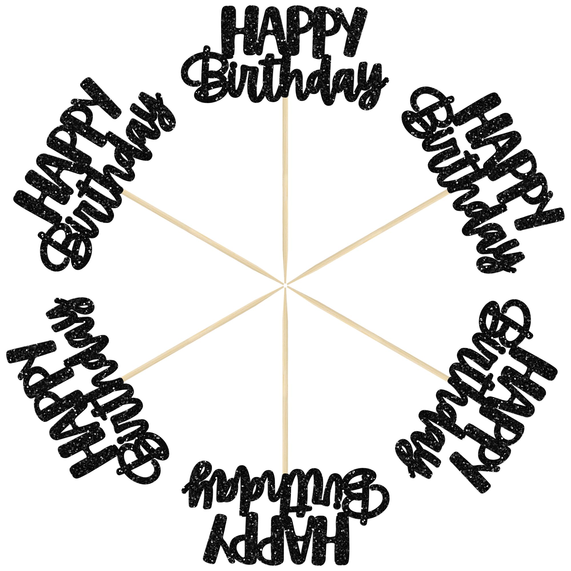 Gyufise Black Glitter Happy Birthday Cupcake Toppers – 24-Pack Cake Decorations