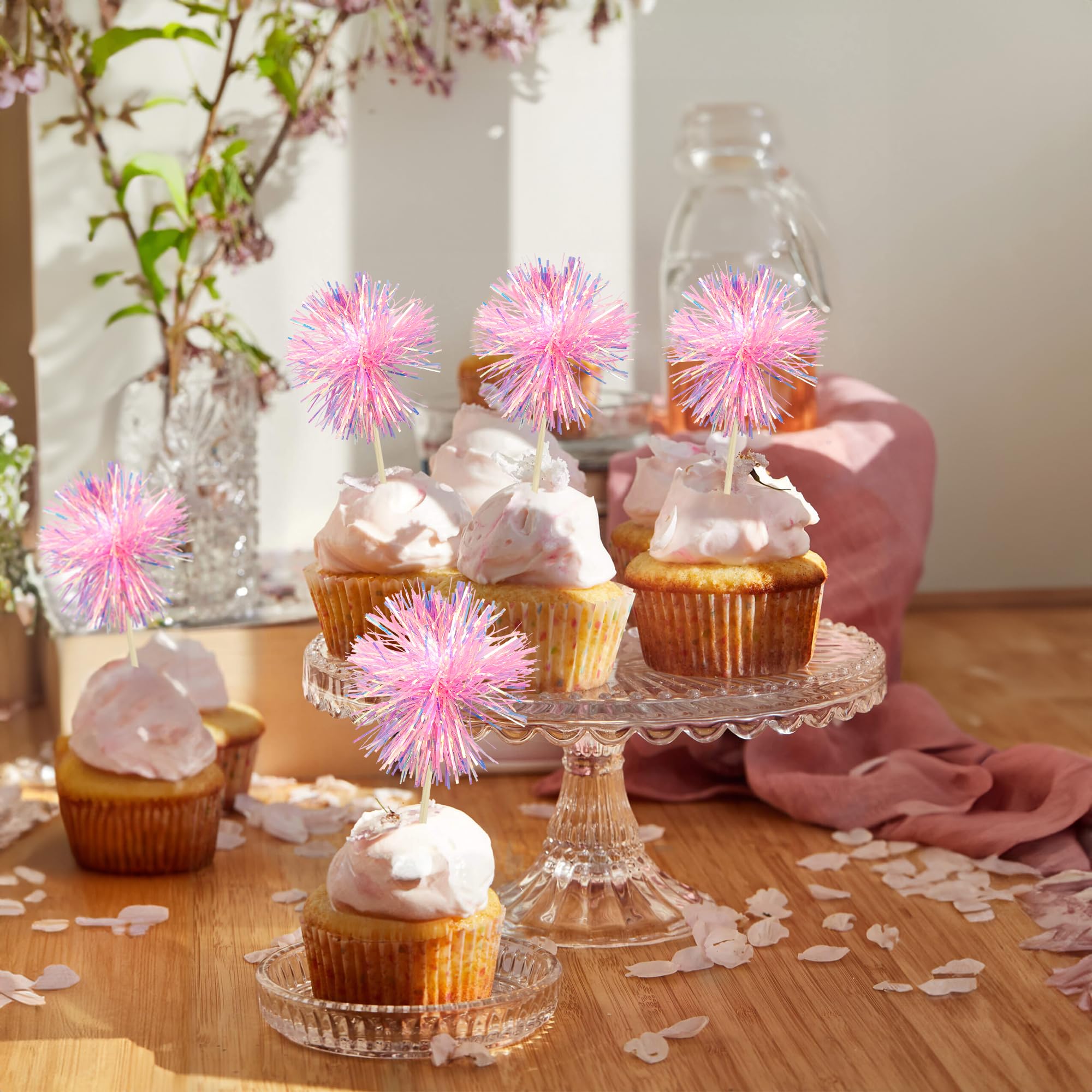 Gyufise 30Pcs Foil Firework Cupcake Toppers – Sparkle Tinsel Cake Decorations for Birthday, Wedding & Party (Dark Pink)