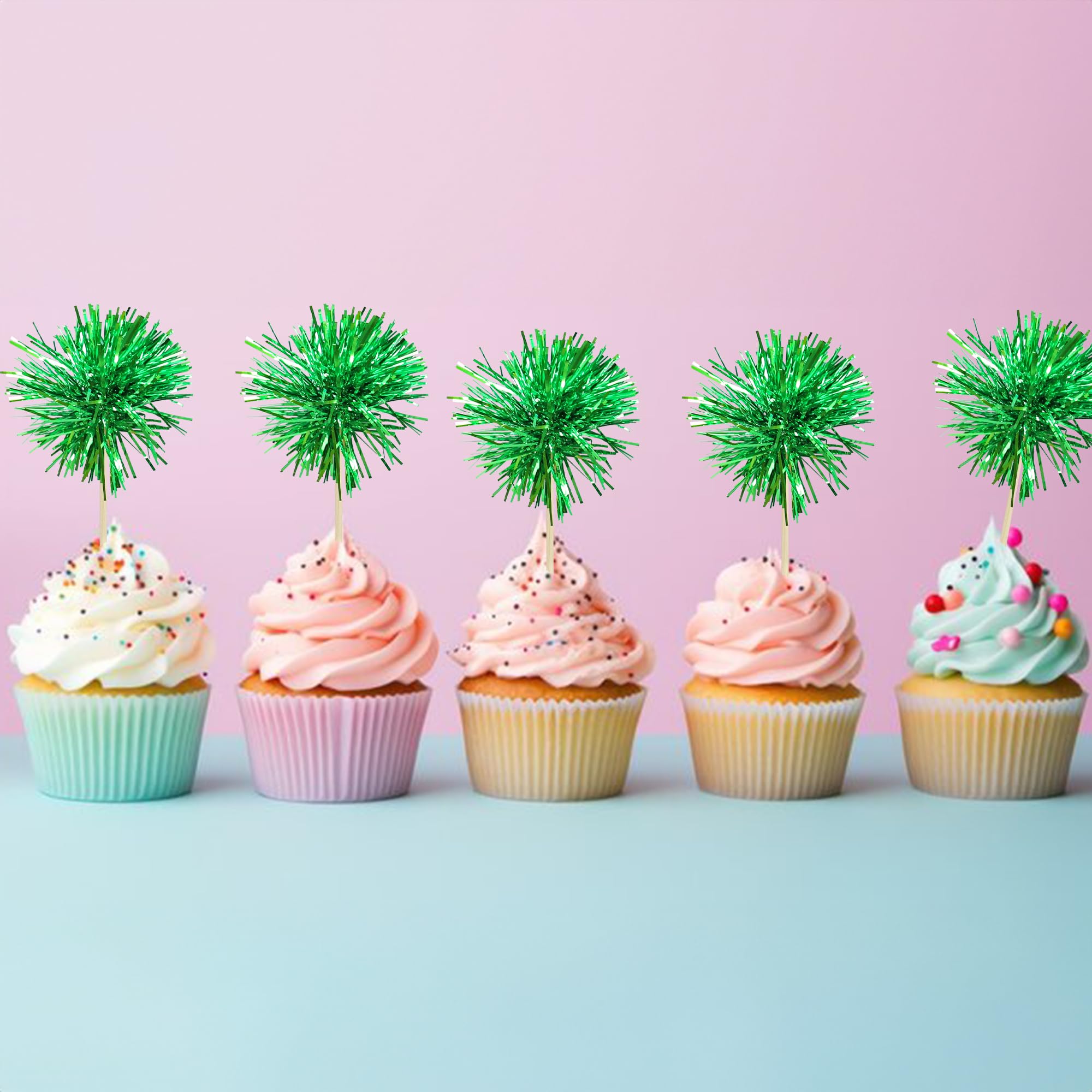 Gyufise 30Pcs Foil Firework Cupcake Toppers – Sparkle Tinsel Decorations, Dark Green