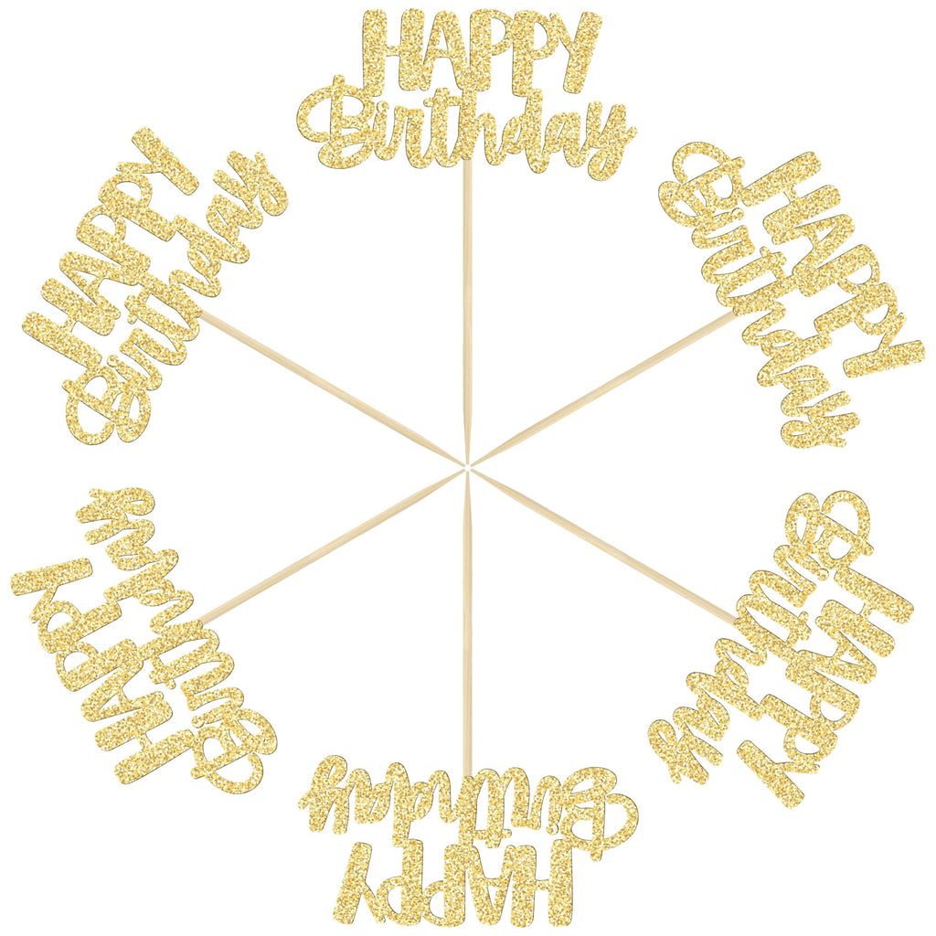 Gyufise 24Pcs Happy Birthday Cupcake Toppers - Gold Glitter Cake Picks for Birthday, Baby Shower & Party Decor