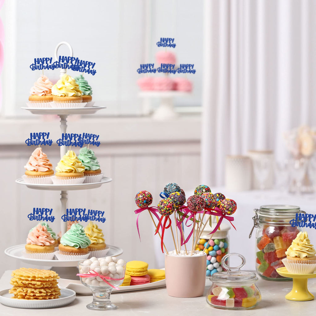 Gyufise 24Pcs Happy Birthday Cupcake Toppers - Blue Glitter Party Picks