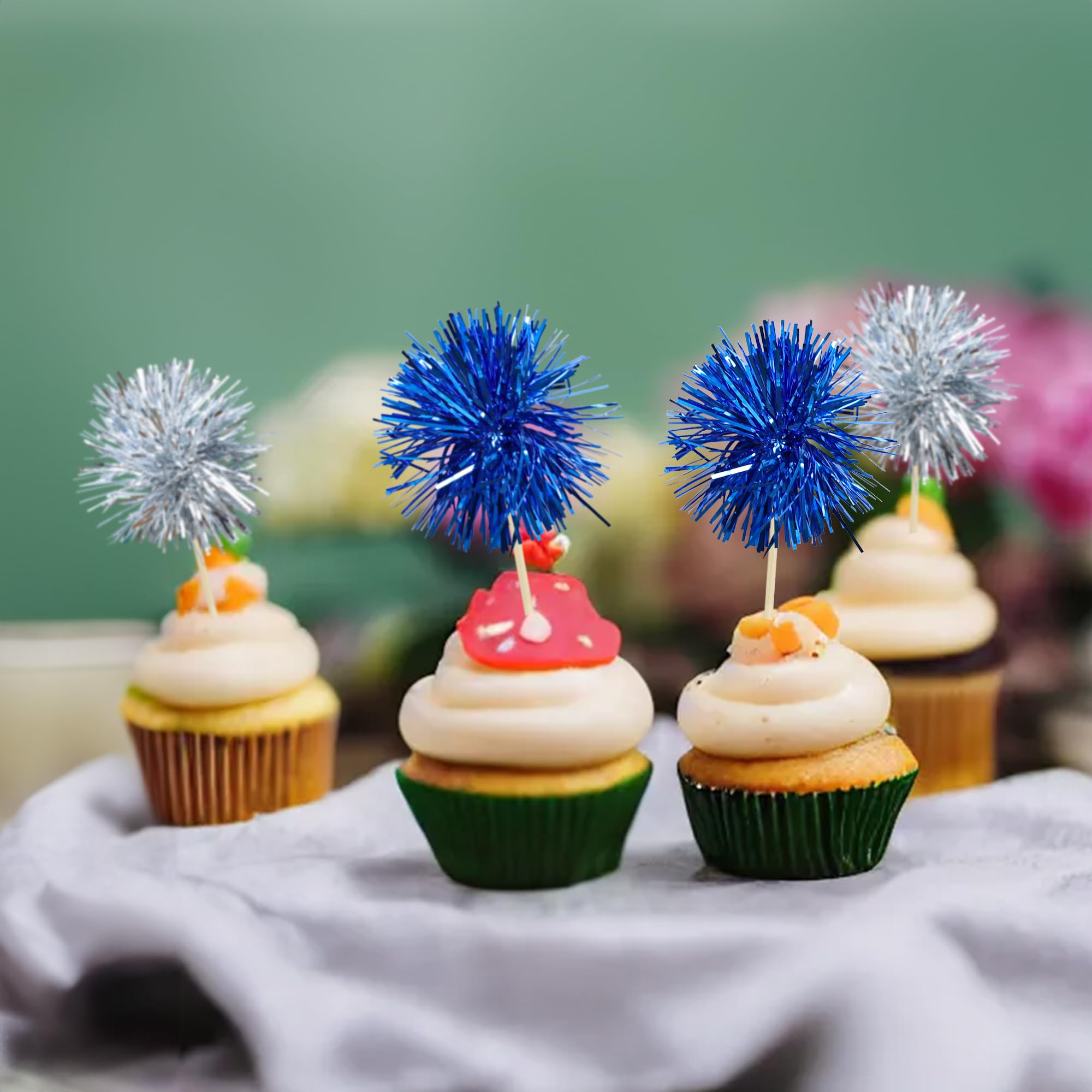Gyufise 30 Pcs Foil Firework Cupcake Toppers – Sparkle Tinsel Cake Decorations for Birthday, Wedding & Party