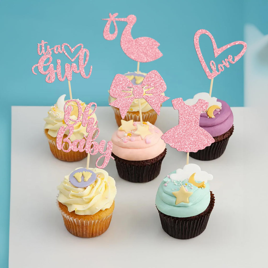 Gyufise 36-Pack Oh Baby Cupcake Toppers – Girl Theme Pink Glitter Cake Picks