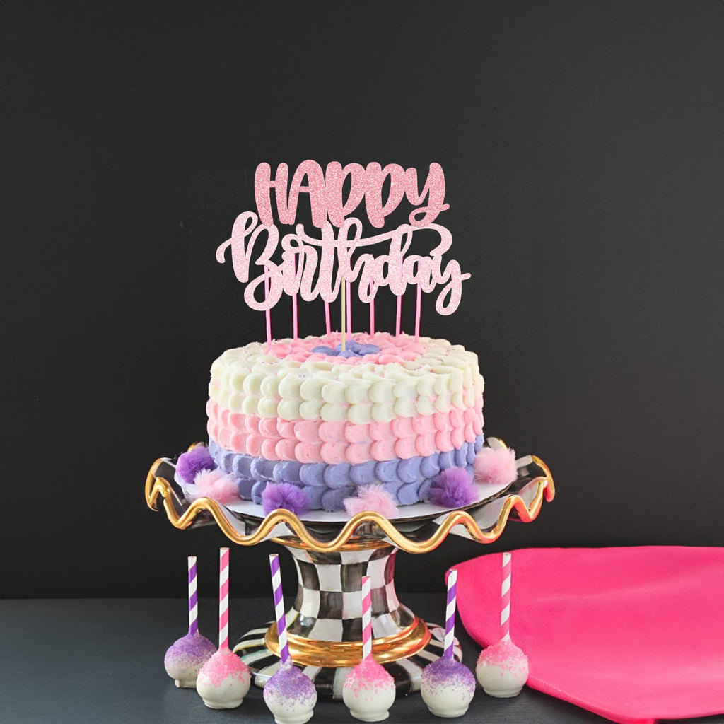 Gyufise 1Pcs Happy Birthday Cake Topper Glitter Pink – Cake Decoration