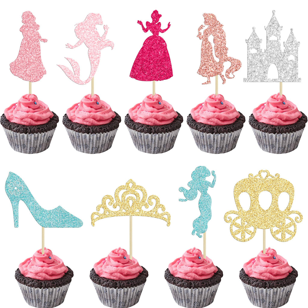 Gyufise 36Pcs Princess Cupcake Toppers – Colorful Glitter Mermaid, Castle & Crown Cake Decorations