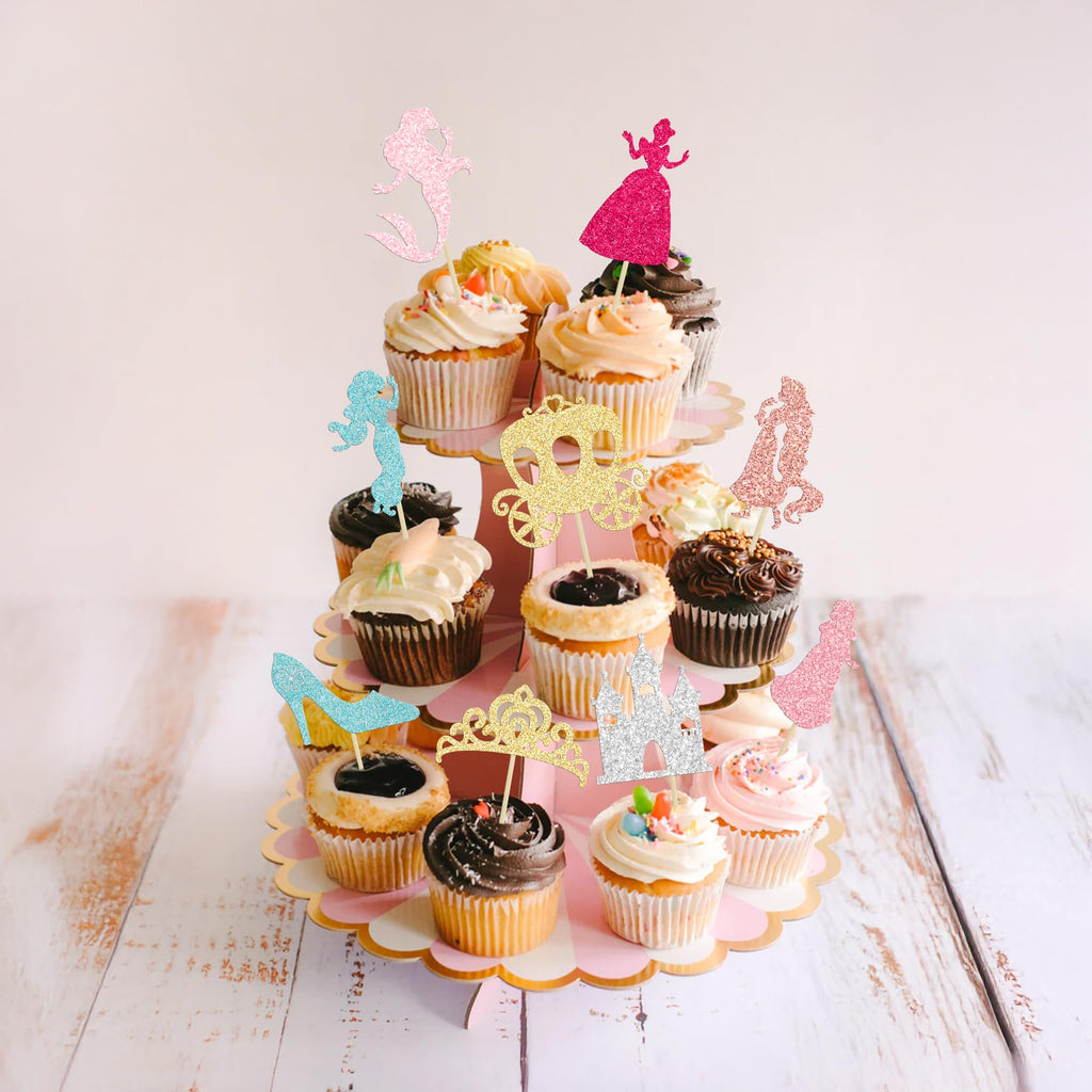 Gyufise 36Pcs Princess Cupcake Toppers – Colorful Glitter Mermaid, Castle & Crown Cake Decorations