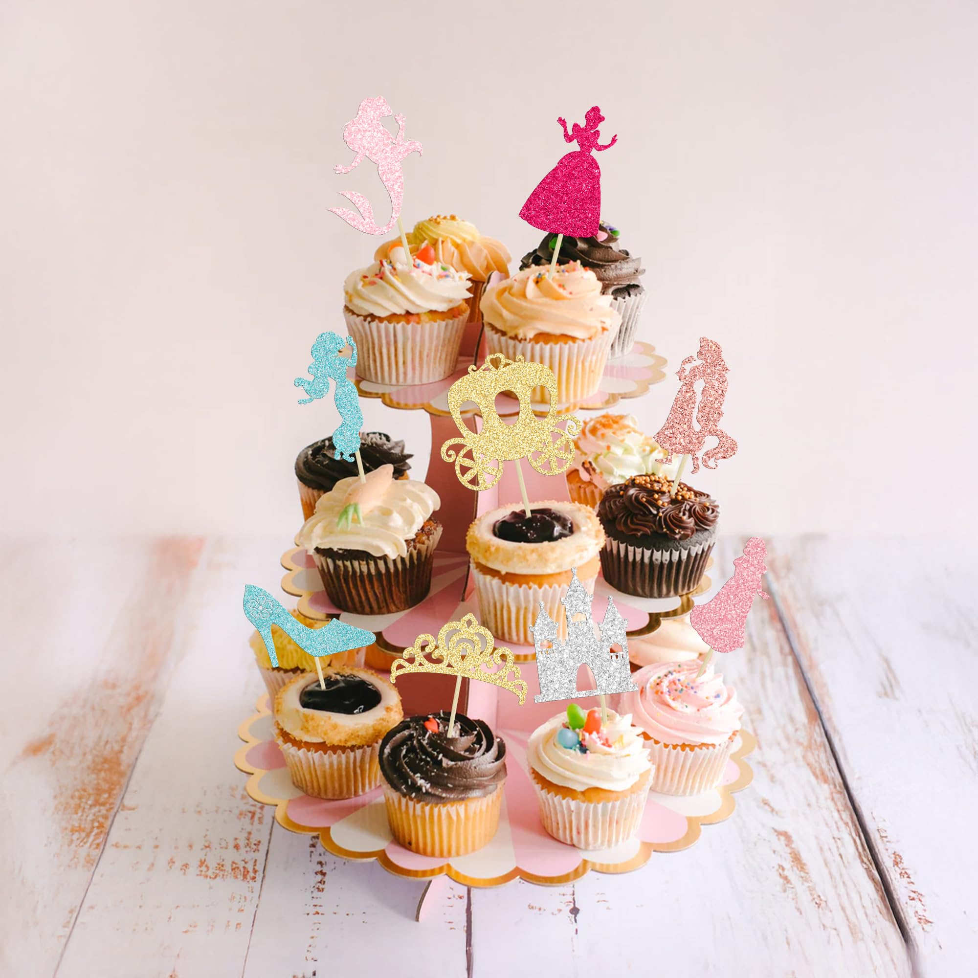 Gyufise 36Pcs Princess Cupcake Toppers – Colorful Glitter Mermaid, Castle & Crown Cake Decorations