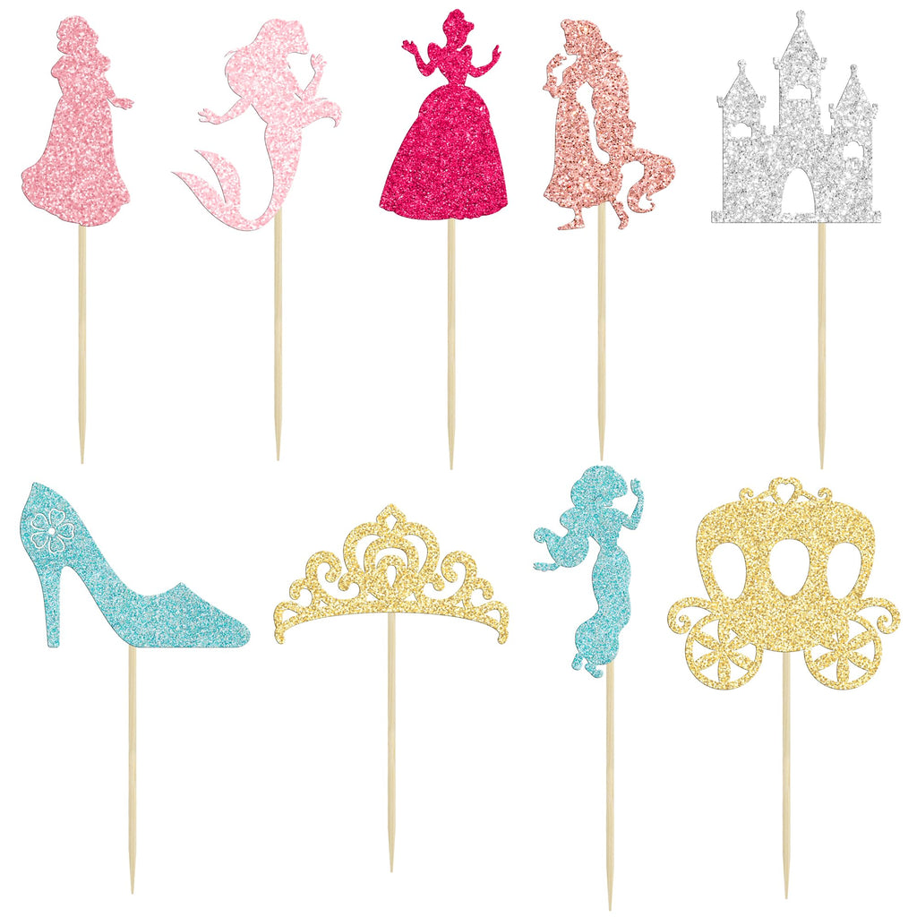 Gyufise 36Pcs Princess Cupcake Toppers – Colorful Glitter Mermaid, Castle & Crown Cake Decorations