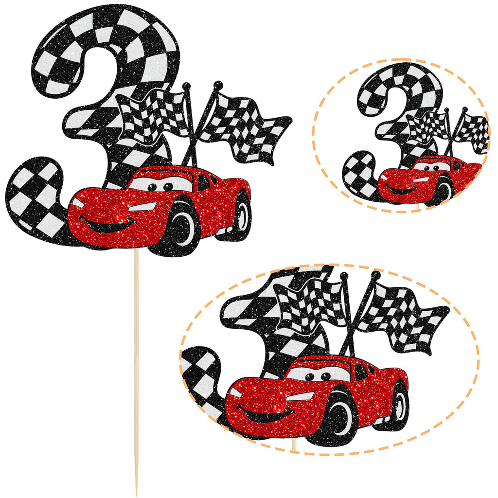 Gyufise Race Car Cake Topper Glitter – 3rd Birthday, Checkered Flag Theme