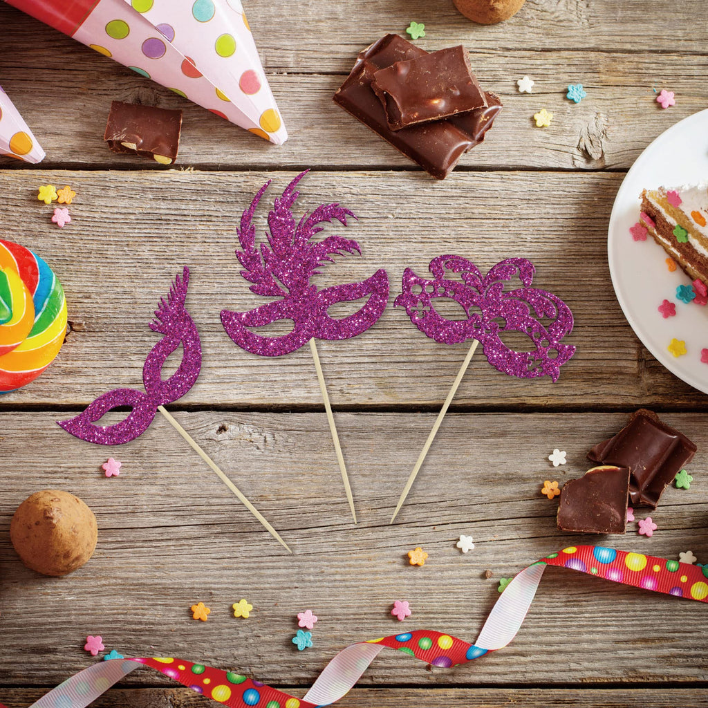 Gyufise 24Pcs Masquerade Masks Cupcake Toppers – Purple Glitter Party Decor
