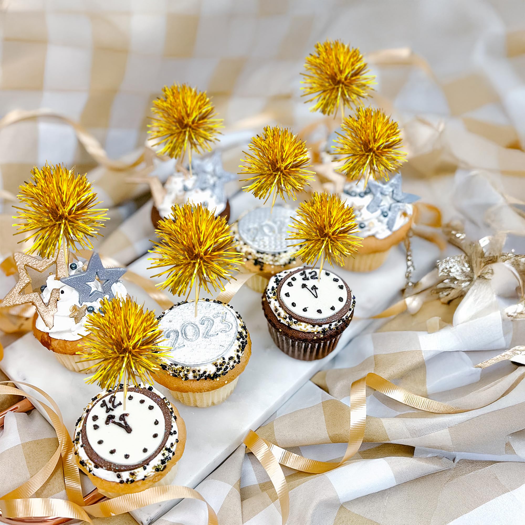 Gyufise 30Pcs Foil Firework Cupcake Toppers in Dark Gold – Sparkle Tinsel Cake Decorations