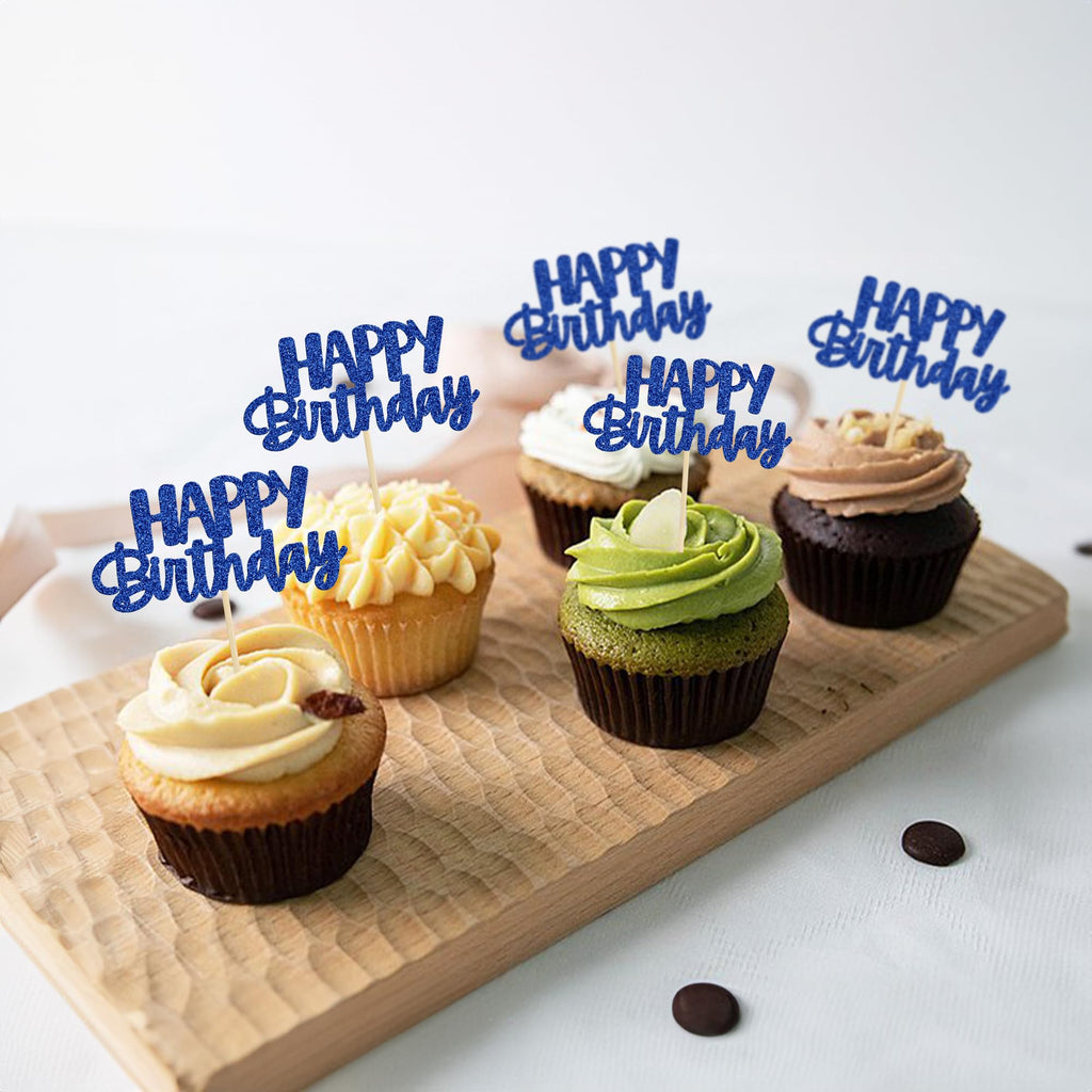 Gyufise 24Pcs Happy Birthday Cupcake Toppers - Blue Glitter Party Picks