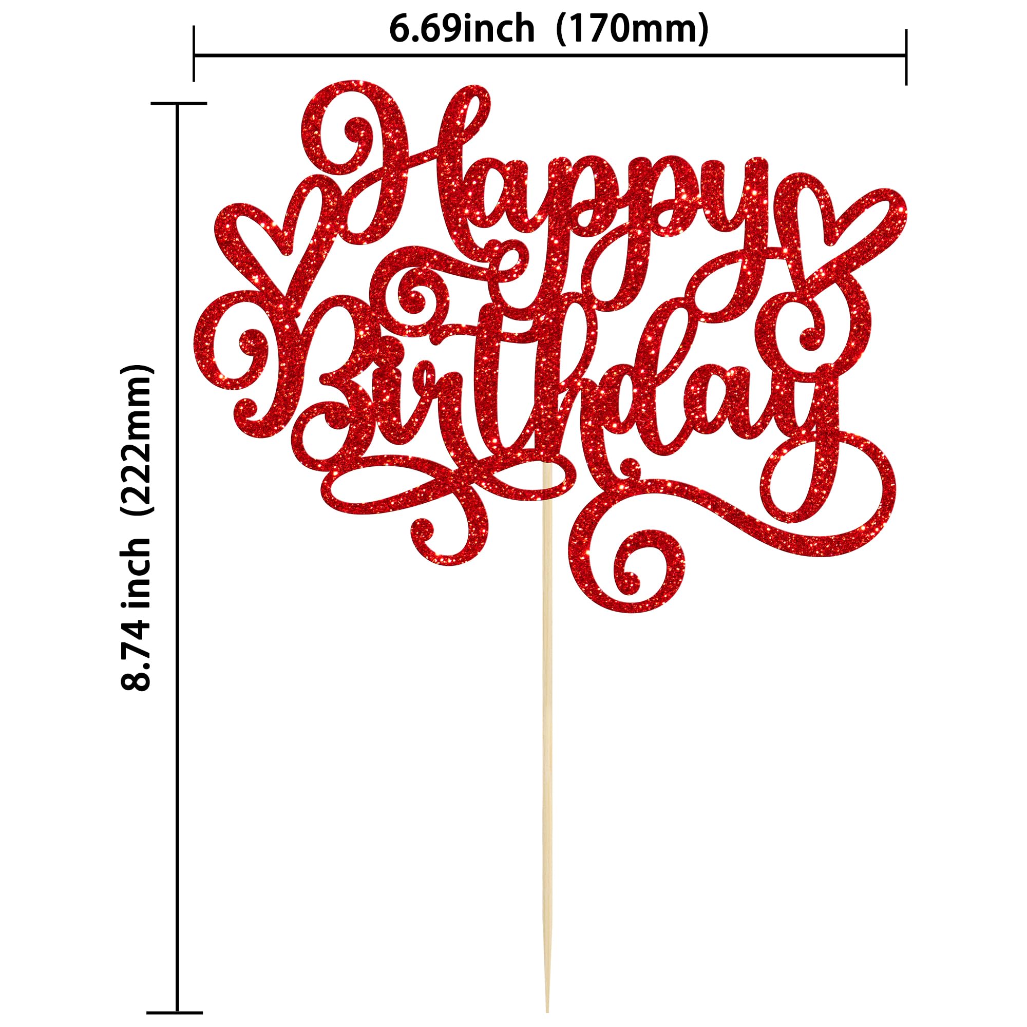 Gyufise Happy Birthday Cake Topper – Red Glitter Cake Pick, 1 Pcs