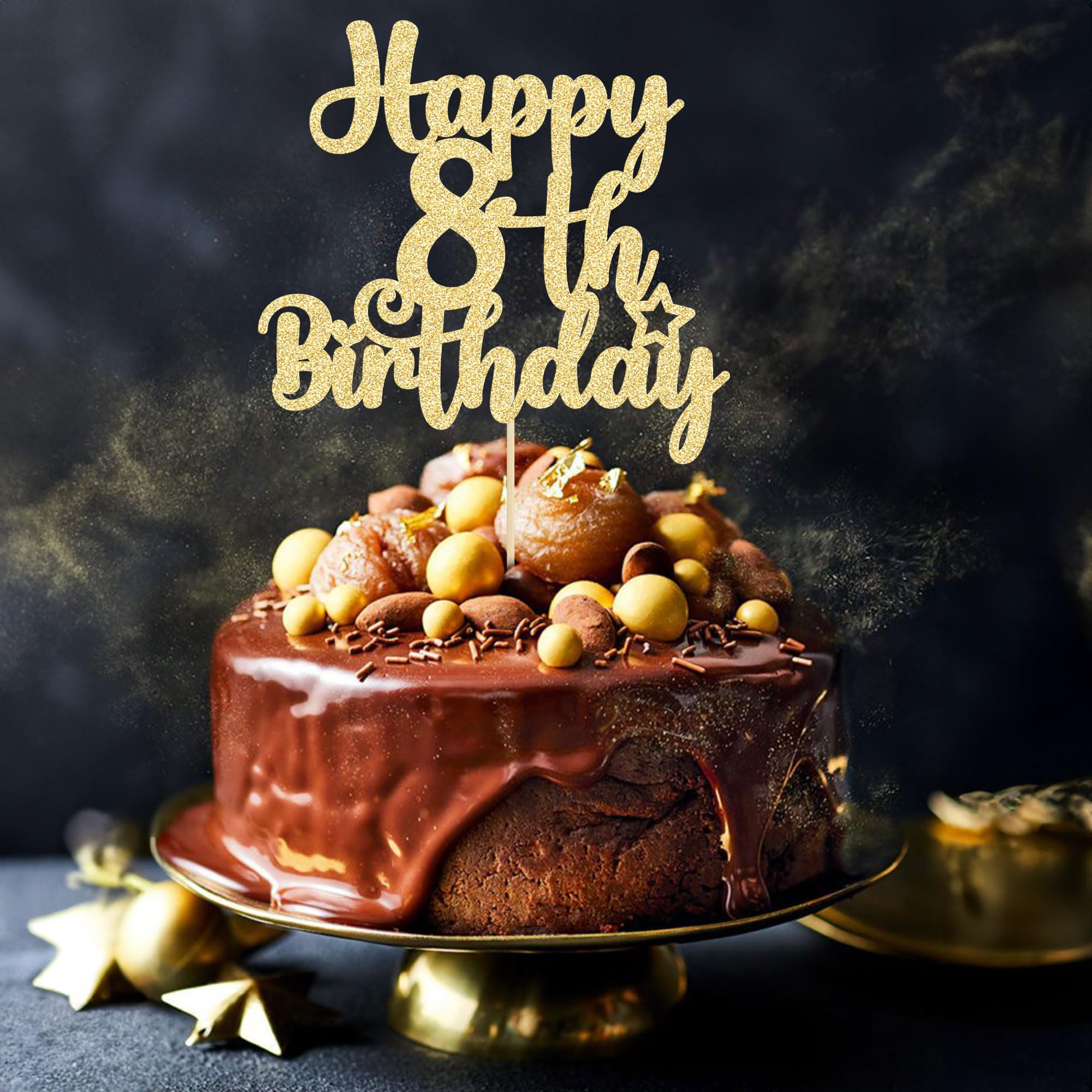 Gyufise Happy 8th Birthday Cake Topper – Glitter Gold, 8 & Fabulous, Cheers to 8 Years