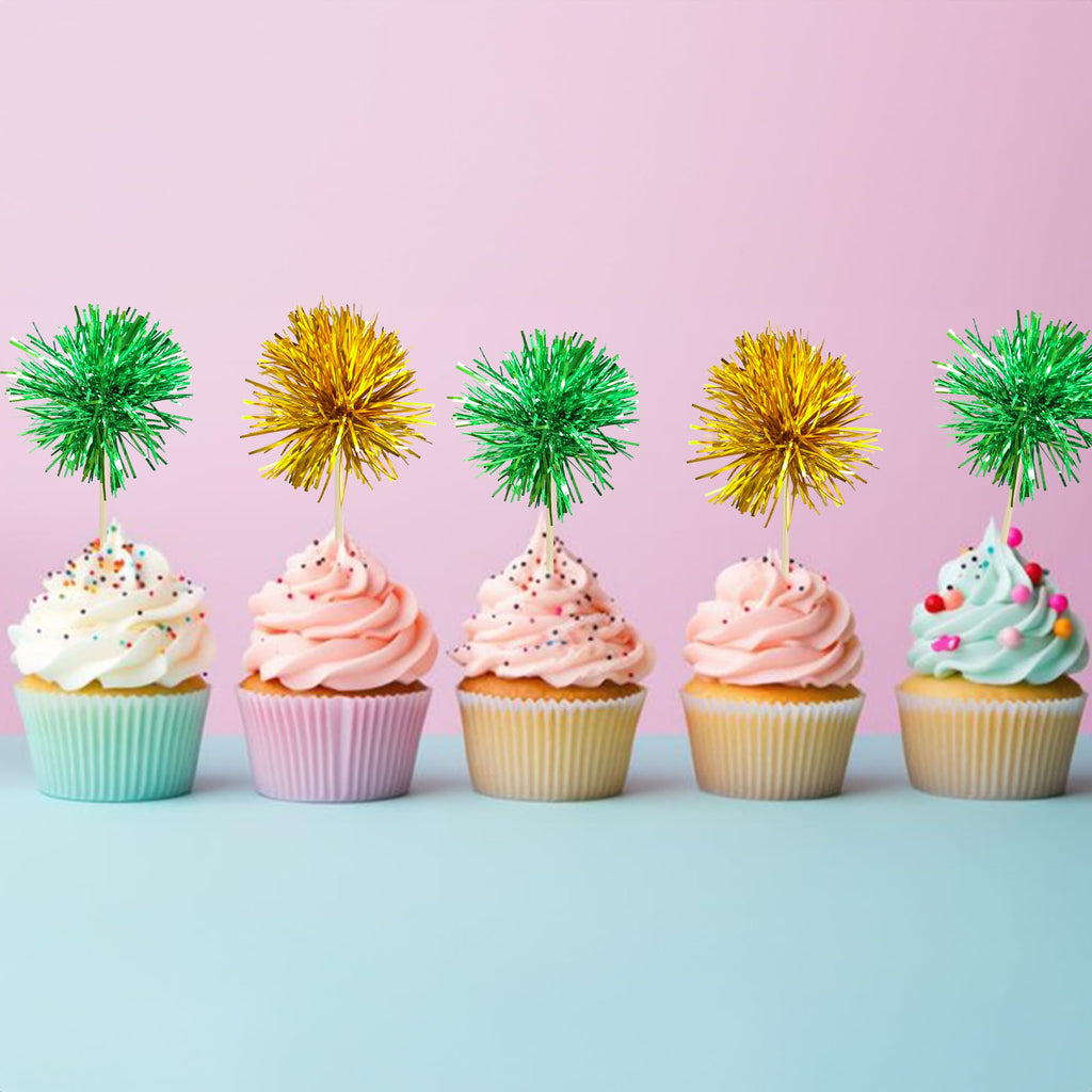 Gyufise 30Pcs Foil Firework Cupcake Toppers – Sparkle Gold & Green Party Picks