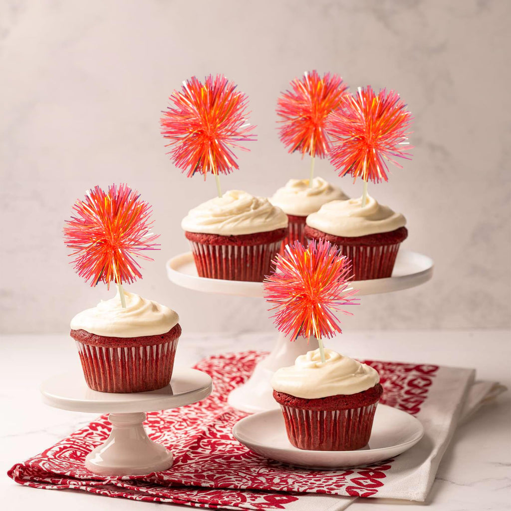 Gyufise 30Pcs Foil Firework Cupcake Toppers Dark Orange – Sparkle Tinsel Cake Decorations for Birthday Parties