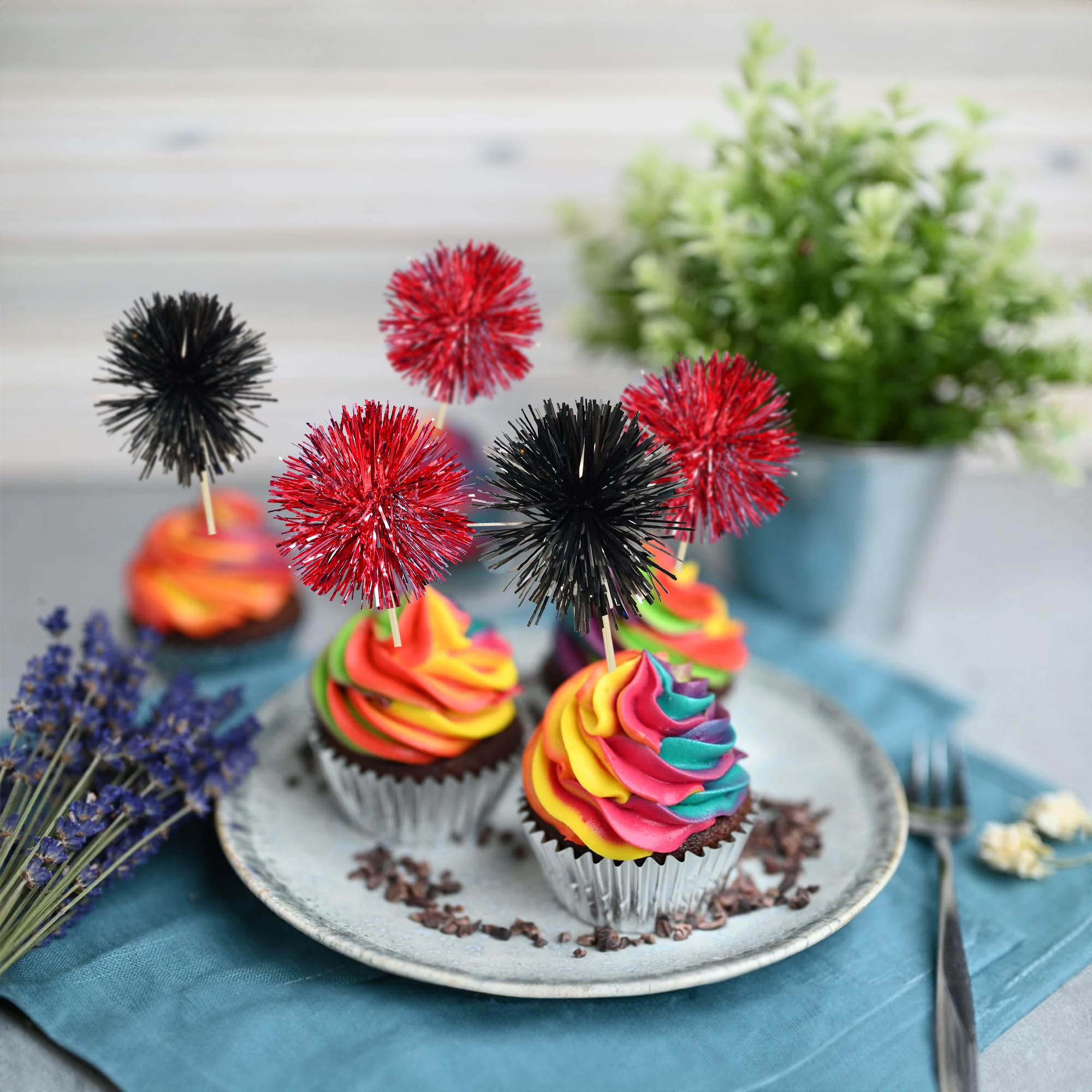 Gyufise 30Pcs Foil Firework Cupcake Toppers – Sparkle Tinsel Cake Picks for Parties