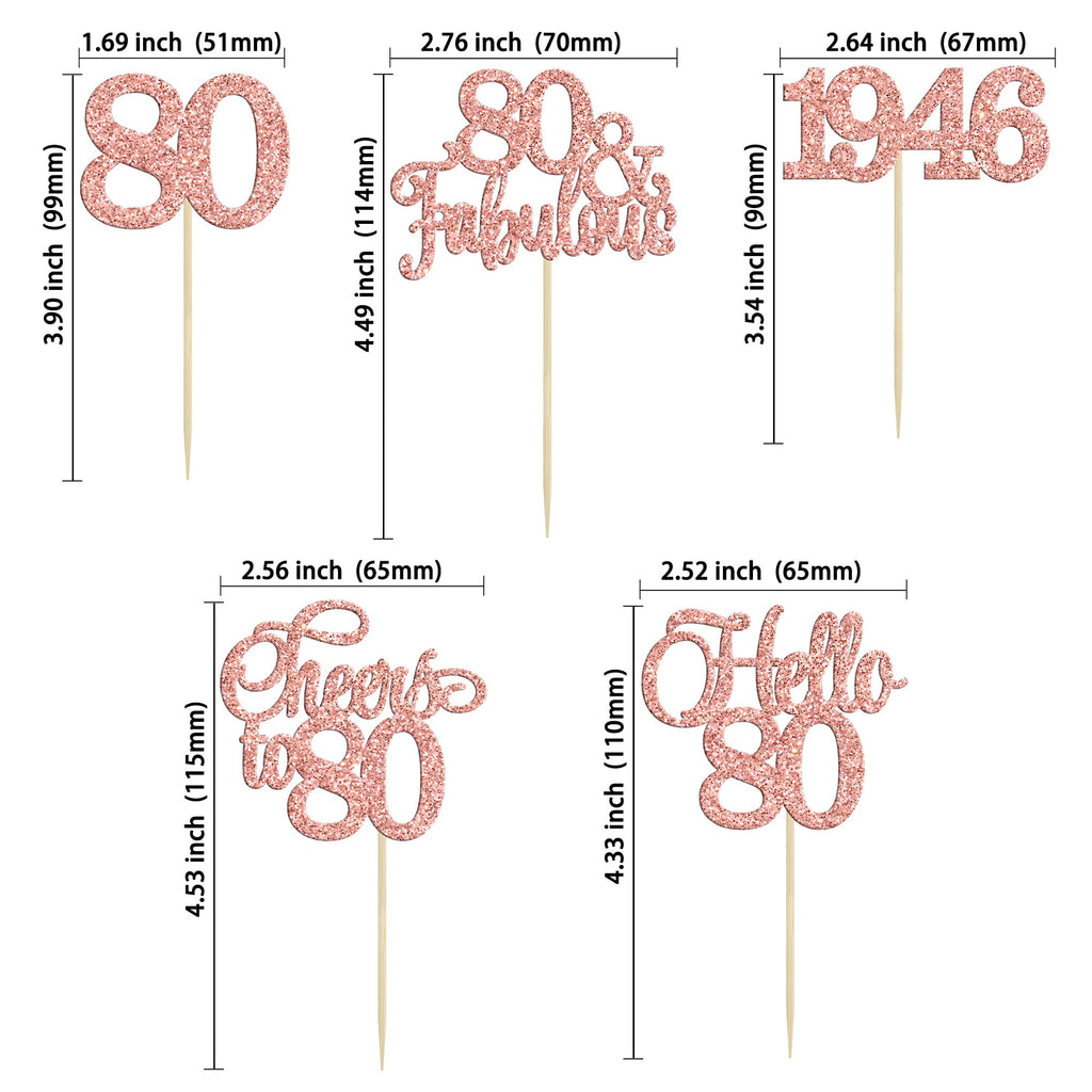 Gyufise 30 Pcs 80th Birthday Cupcake Toppers – Rose Gold Cake Decorations for 80th Birthday & Anniversary