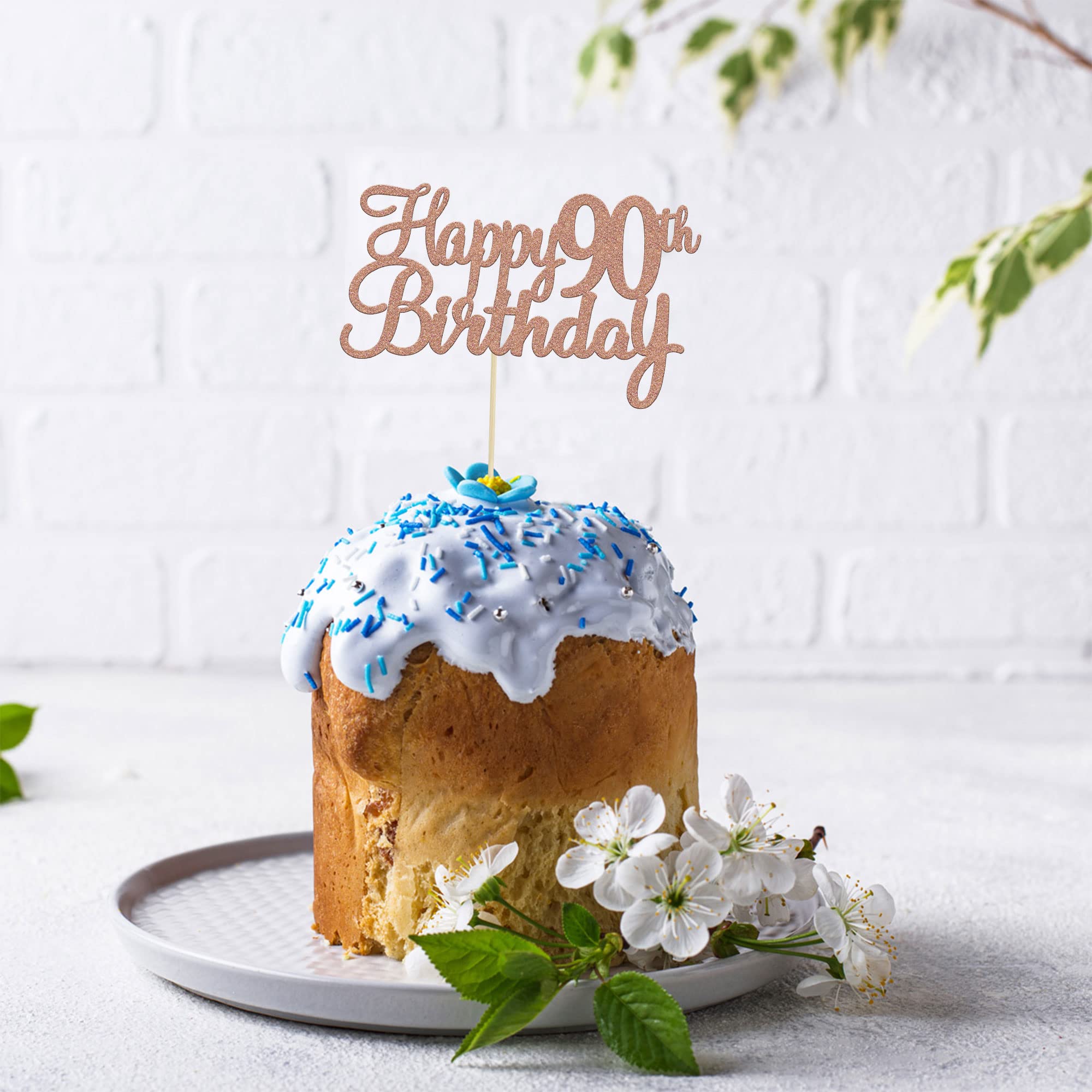 Gyufise 90th Birthday Cake Topper – Rose Gold Glitter, Ready-to-Insert