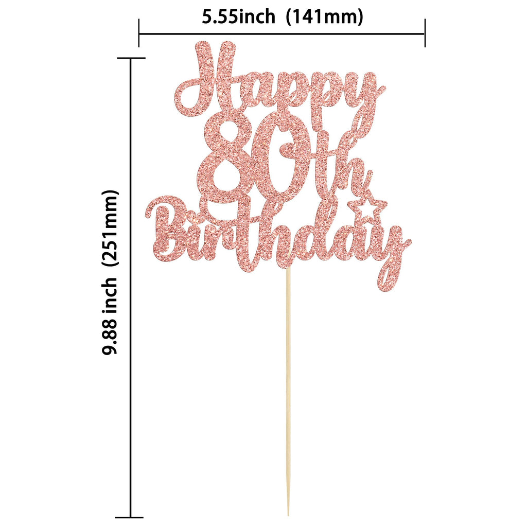 Gyufise 1Pc Happy 80th Birthday Cake Topper – Rose Gold Glitter, Cheers to 80 Years