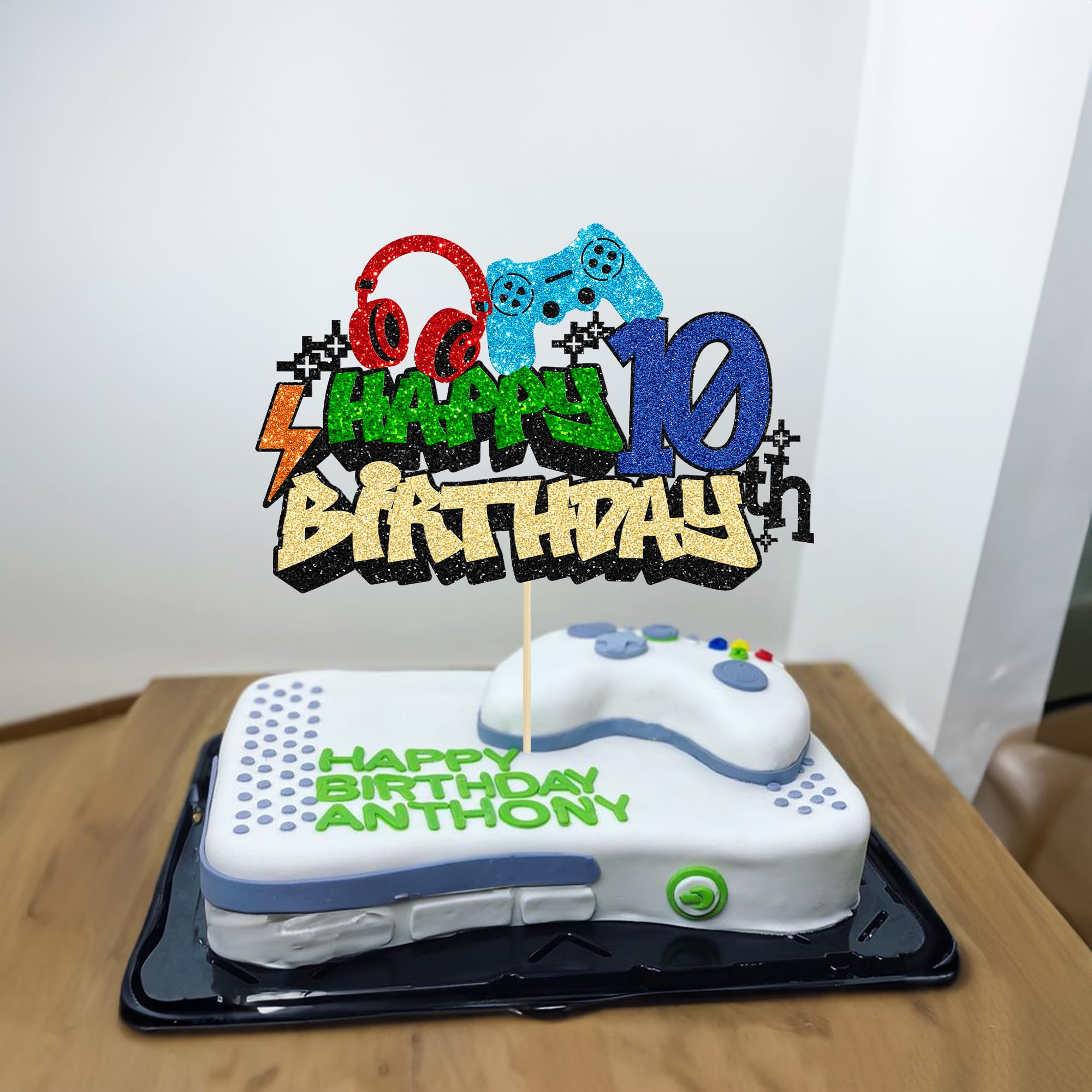 Gyufise Video Game 10th Birthday Cake Topper – Glitter Cake Pick