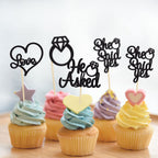 Gyufise 24 Pack Black Glitter He Asked She Said Yes Cupcake Toppers | Wedding & Bridal Shower Decor