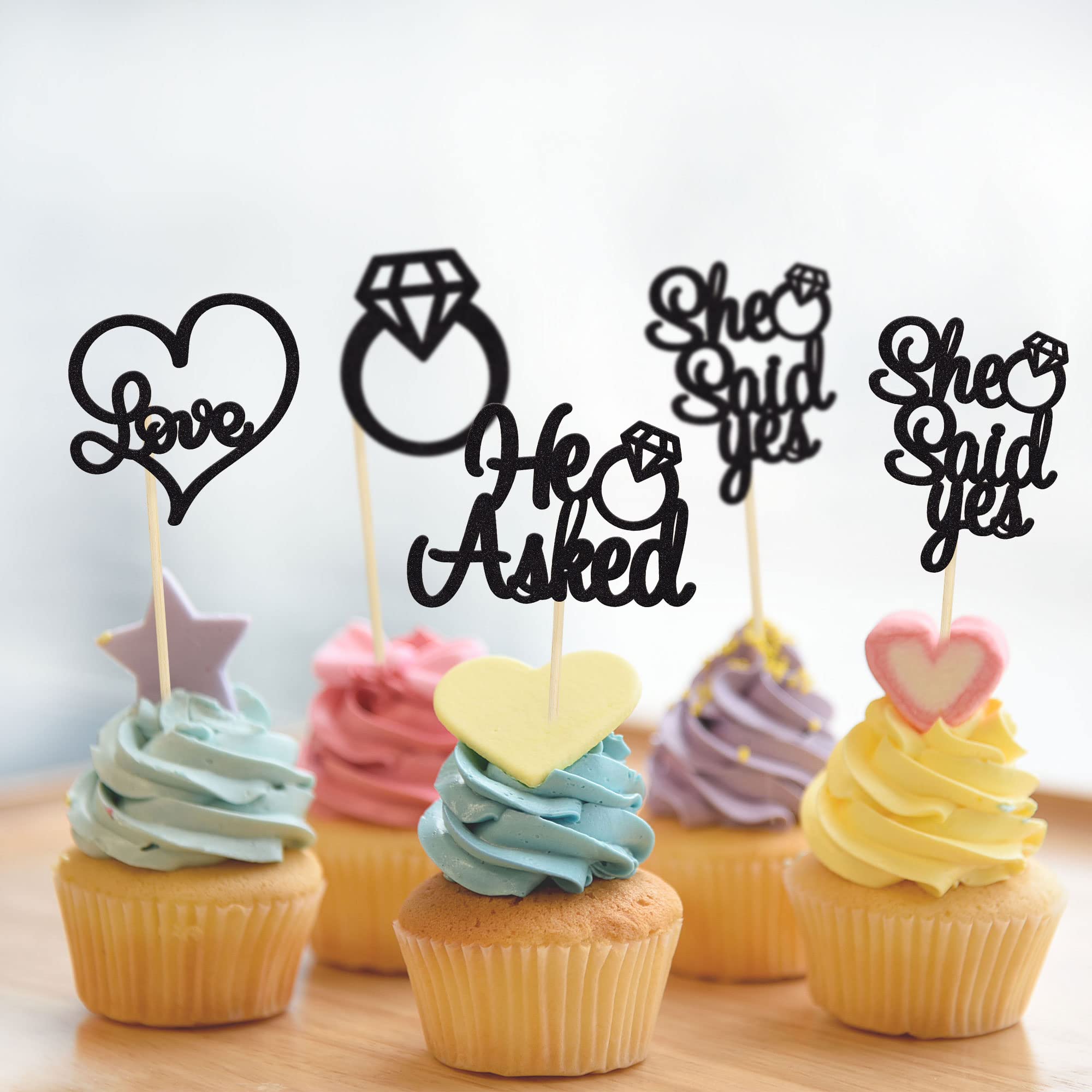 Gyufise 24 Pack Black Glitter He Asked She Said Yes Cupcake Toppers | Wedding & Bridal Shower Decor