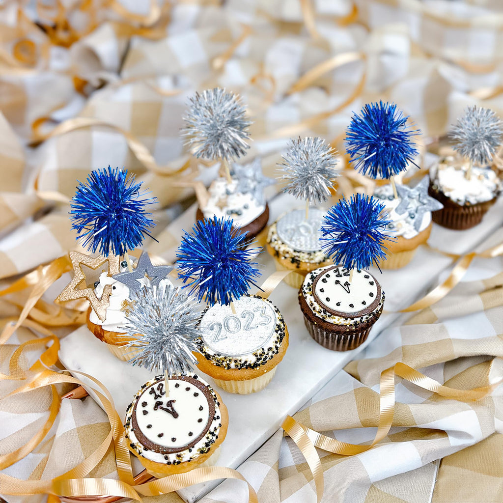 Gyufise 30 Pcs Foil Firework Cupcake Toppers – Sparkle Tinsel Cake Decorations for Birthday, Wedding & Party