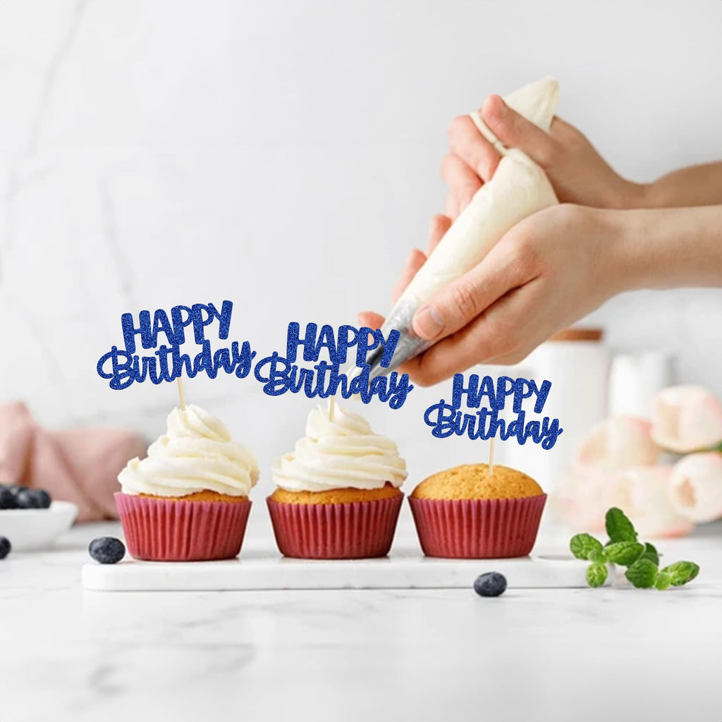 Gyufise 24Pcs Happy Birthday Cupcake Toppers - Blue Glitter Party Picks