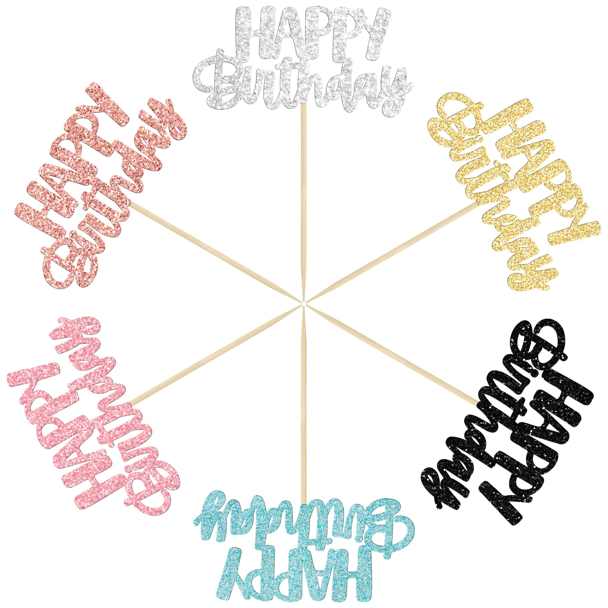 Gyufise 24Pcs Glitter Birthday Cupcake Toppers – 6 Colors, Ready-to-Insert Party Decor